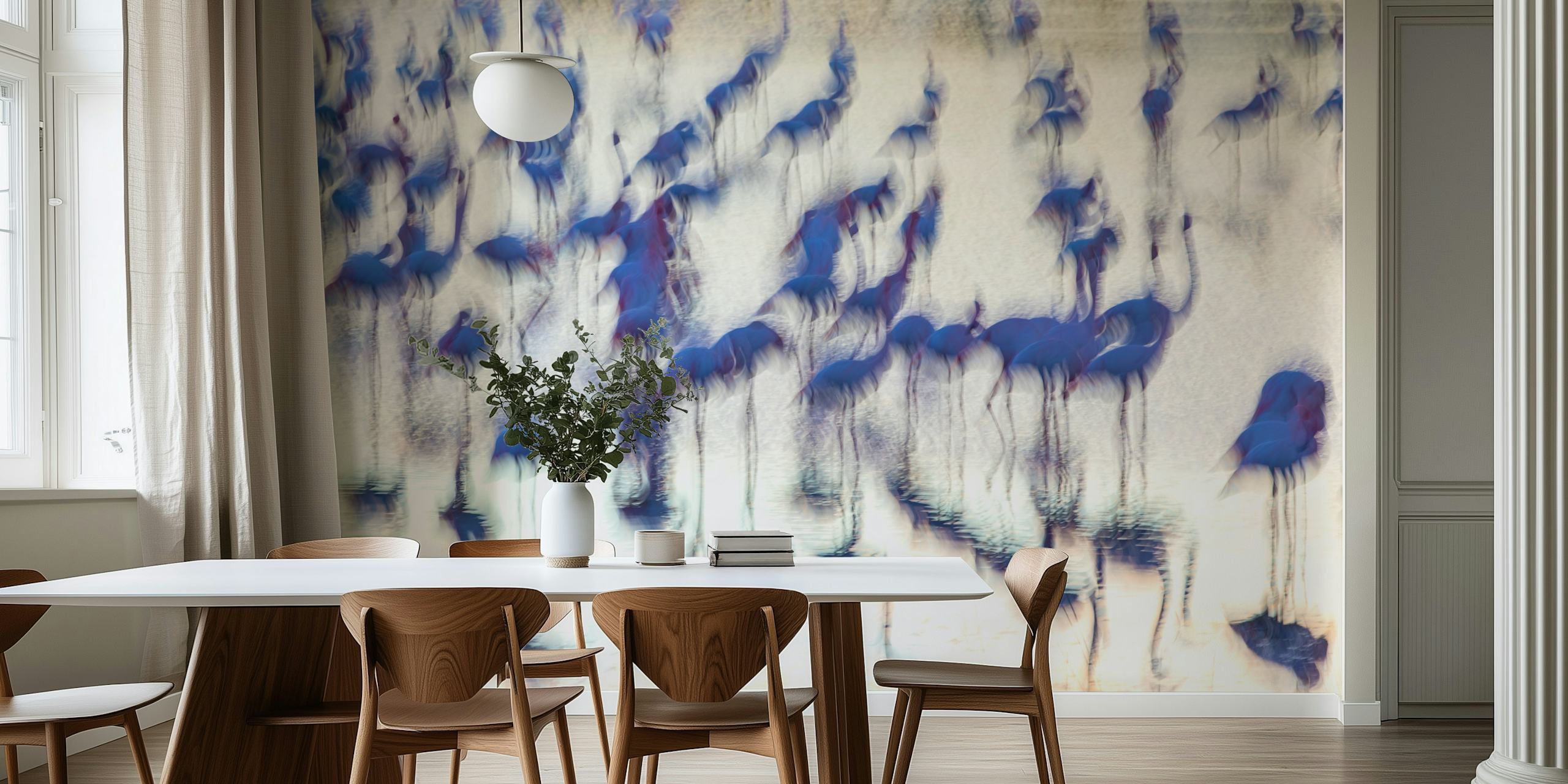 Abstract blue drips on a textured wall mural expressing movement and serenity