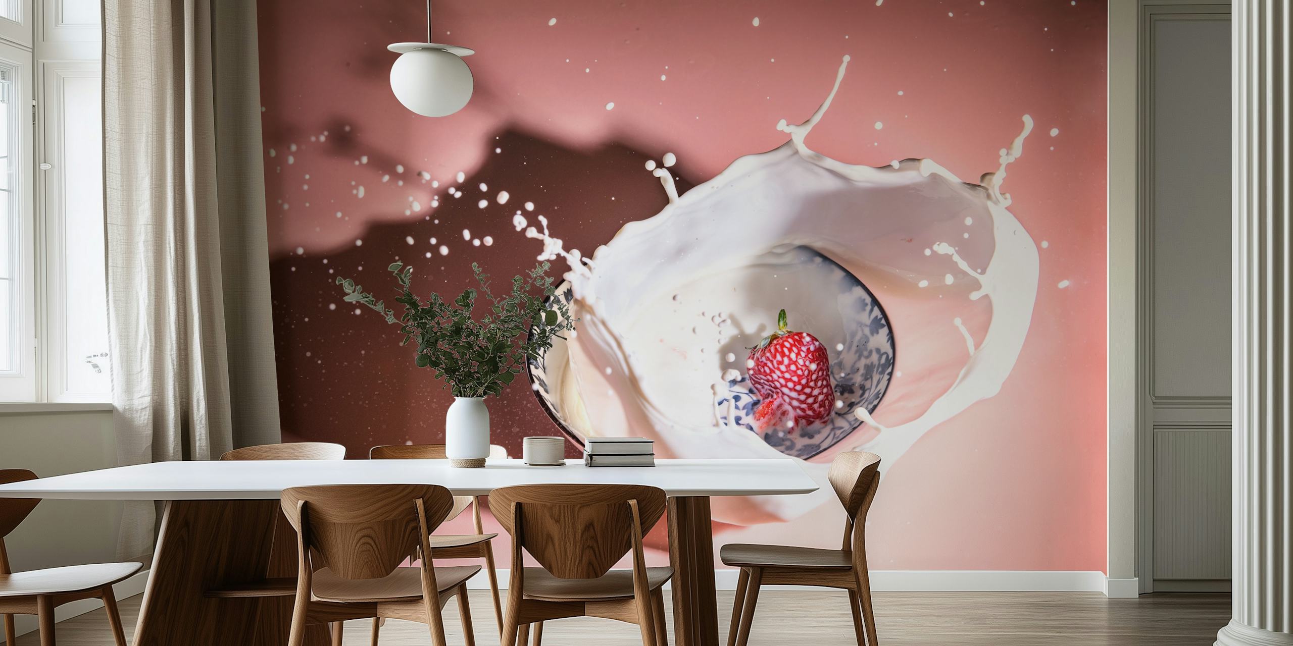 Una fragola che crea una spruzzata di latte con uno sfondo rosa.