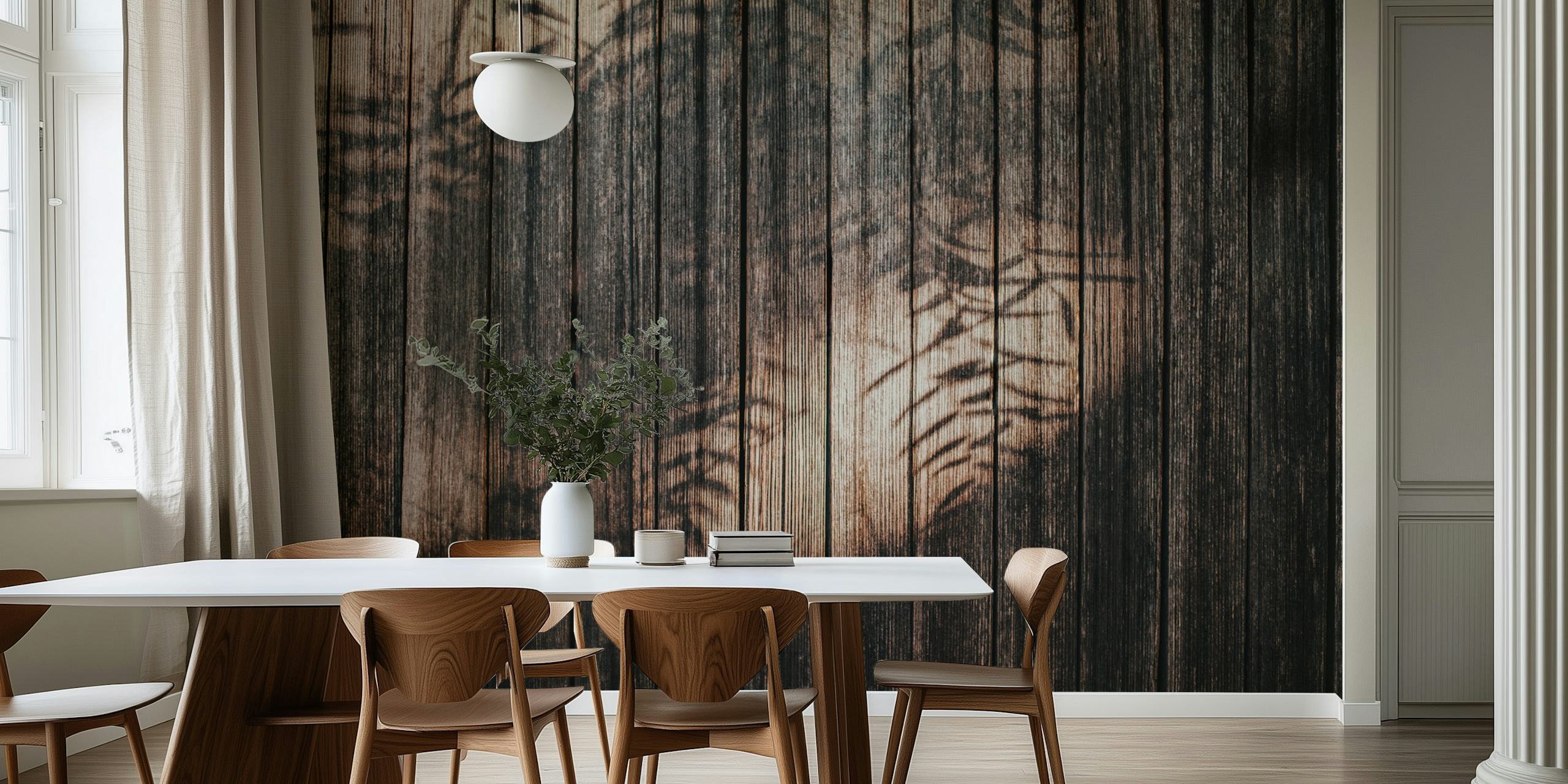 Wooden planks with shadows of foliage on a textured surface wallpaper