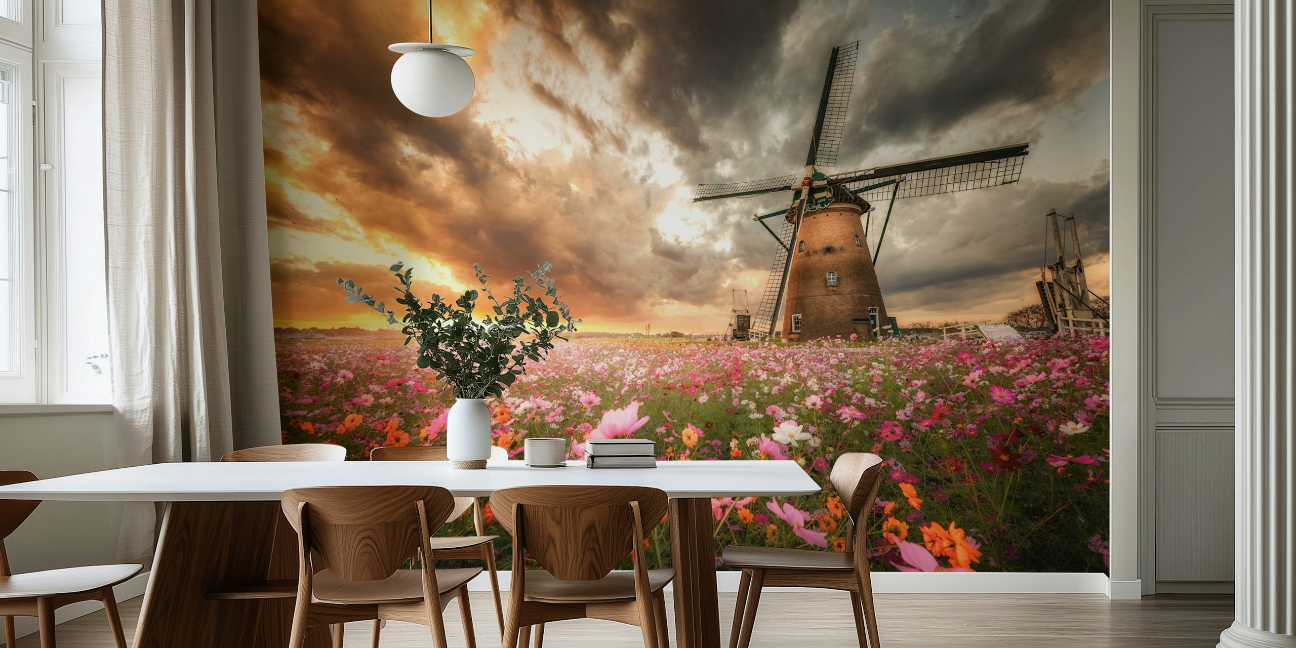 Fototapete Blumen Windmühle und bunte blumen bei sonnenuntergang