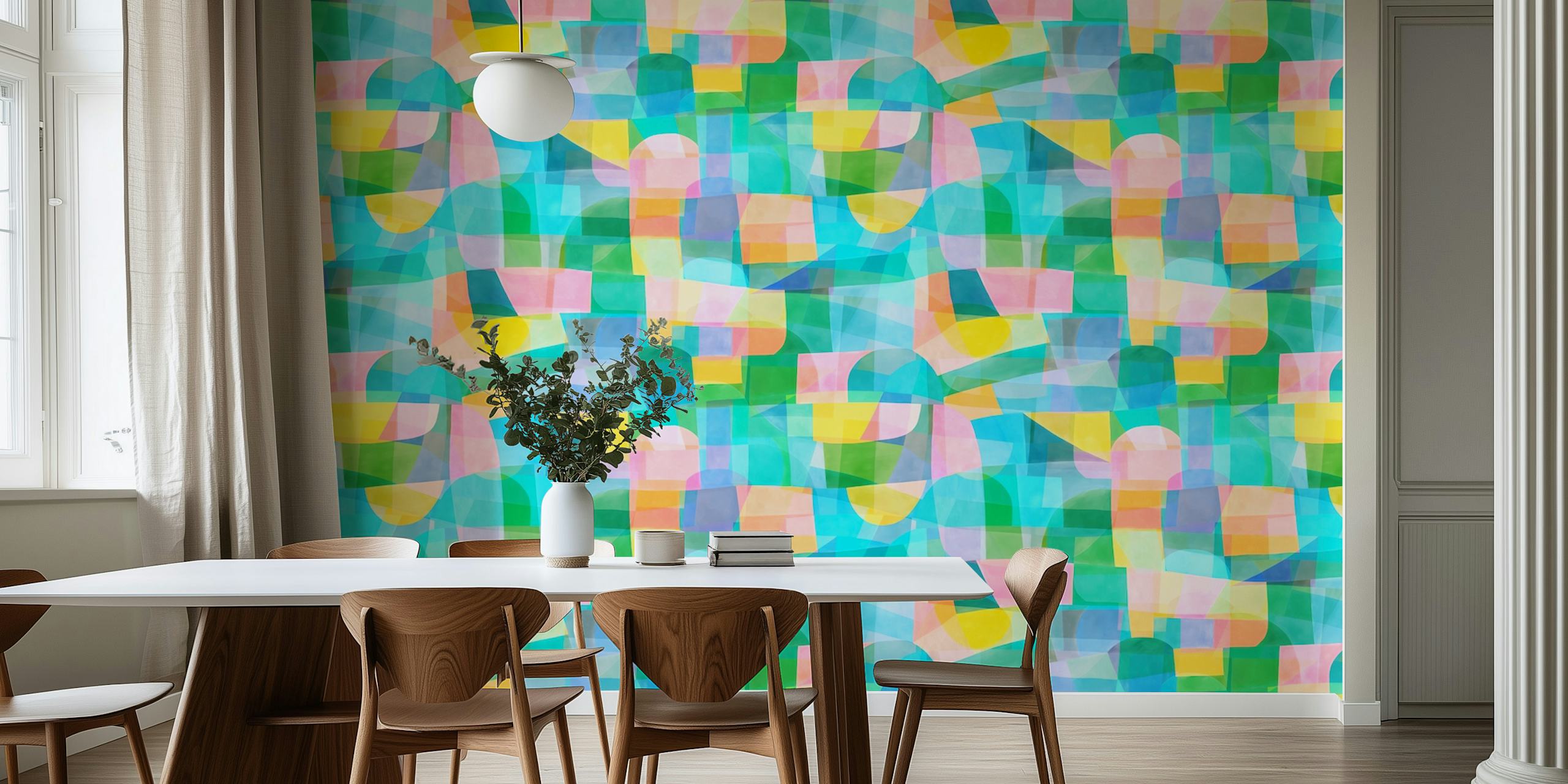Colorful abstract geometric shapes in pastel pink, green and blue wallpaper