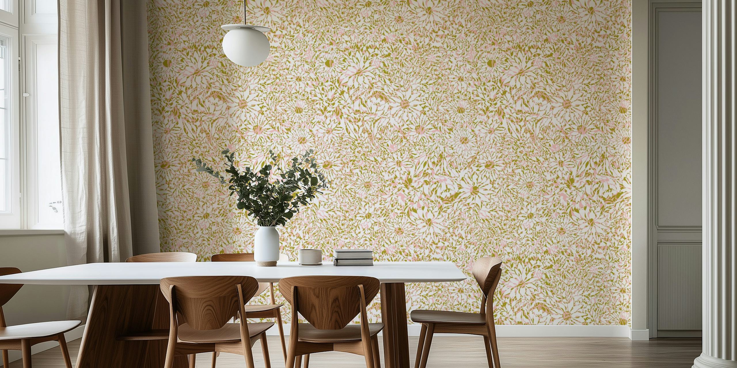 Linear Garden Olive Pink behang in een kamer