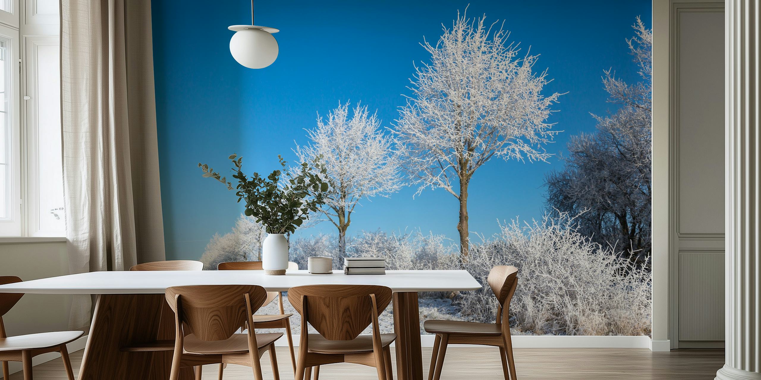 Um mural de parede tranquilo de cena de inverno com árvores cobertas de gelo e uma paisagem nevada