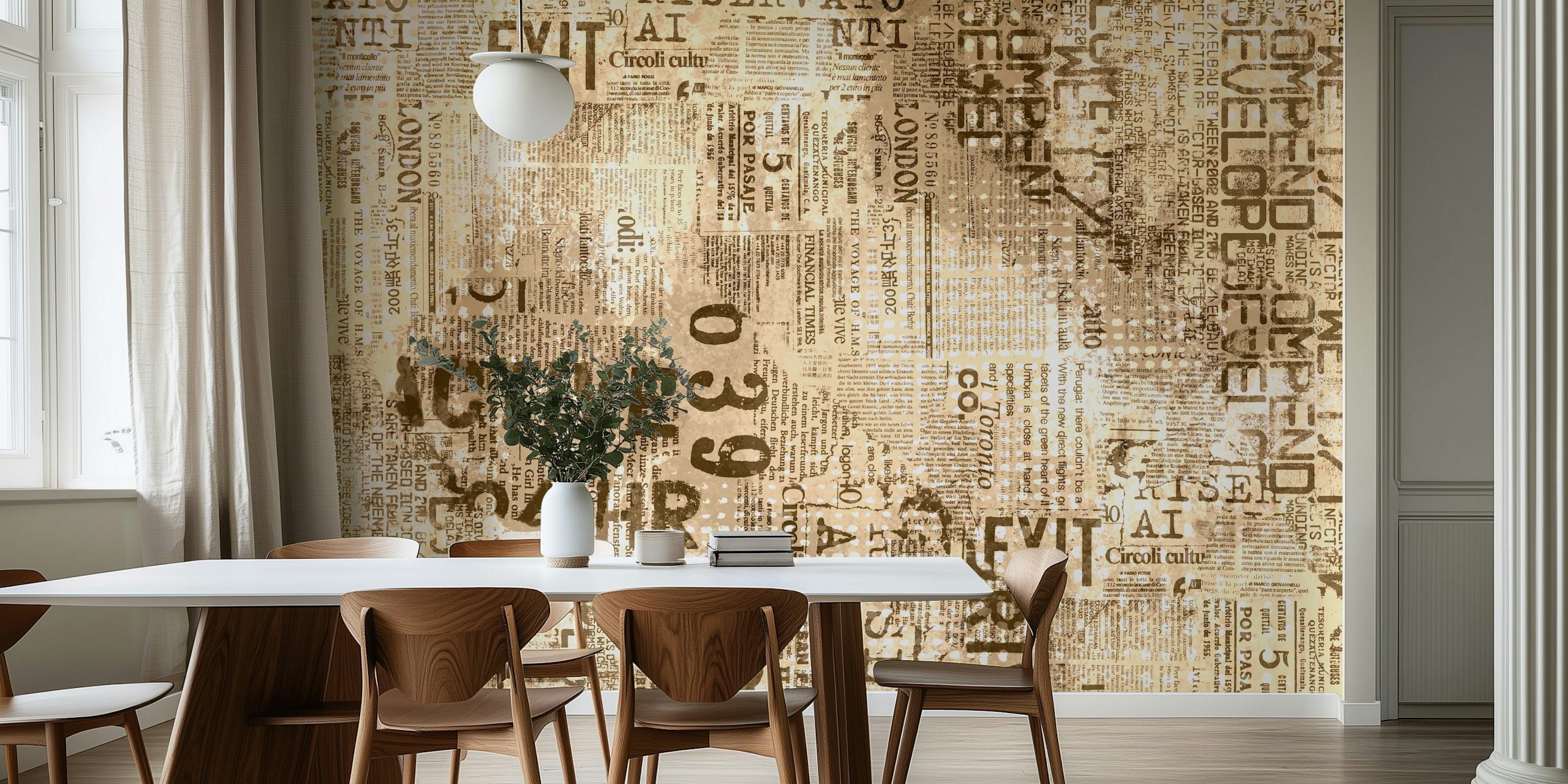 Urban beige and brown textured wallpaper with newspaper patterns