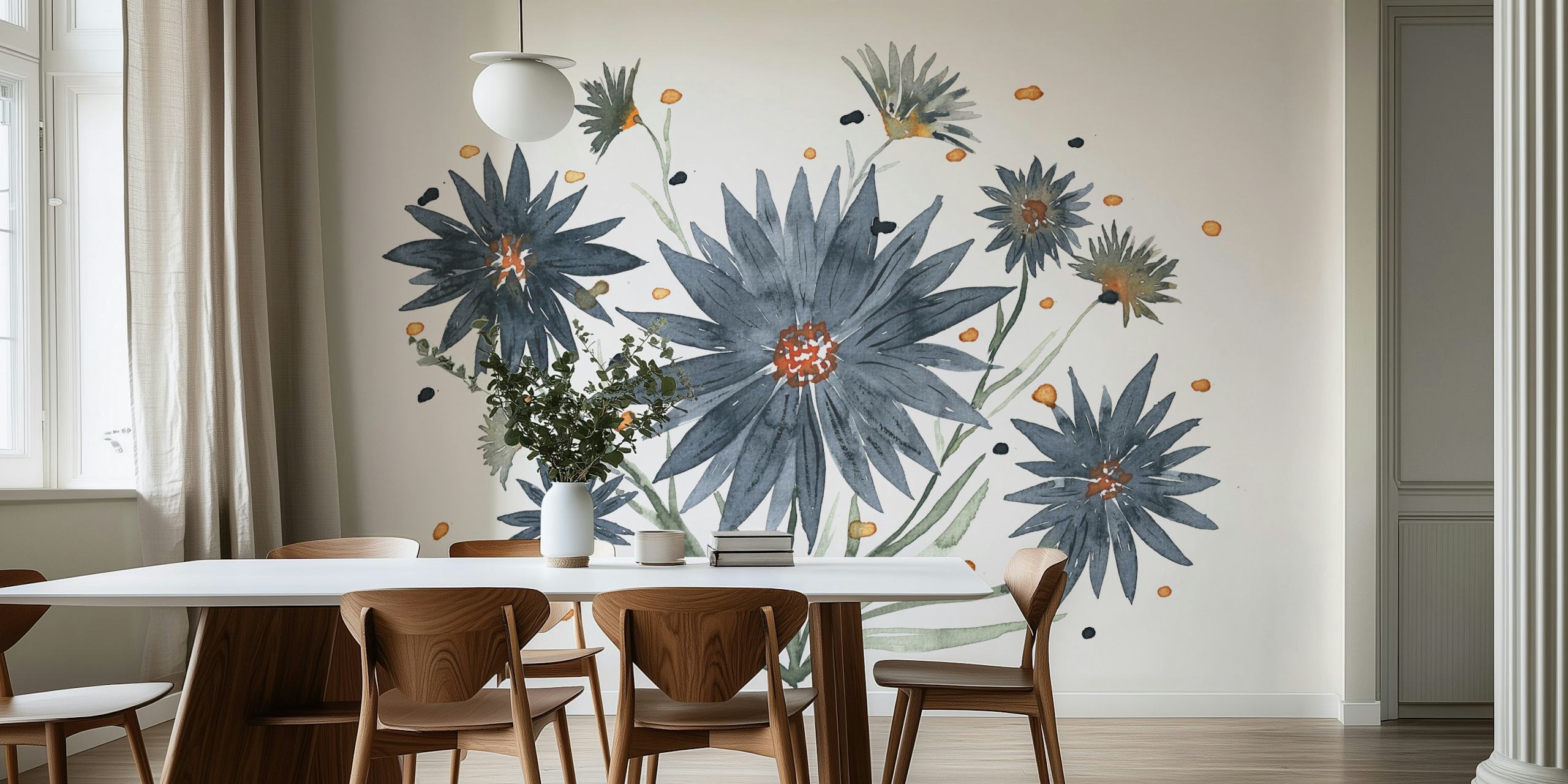 Ταπετσαρία Gray Daisies εμφανίζεται σε ένα δωμάτιο