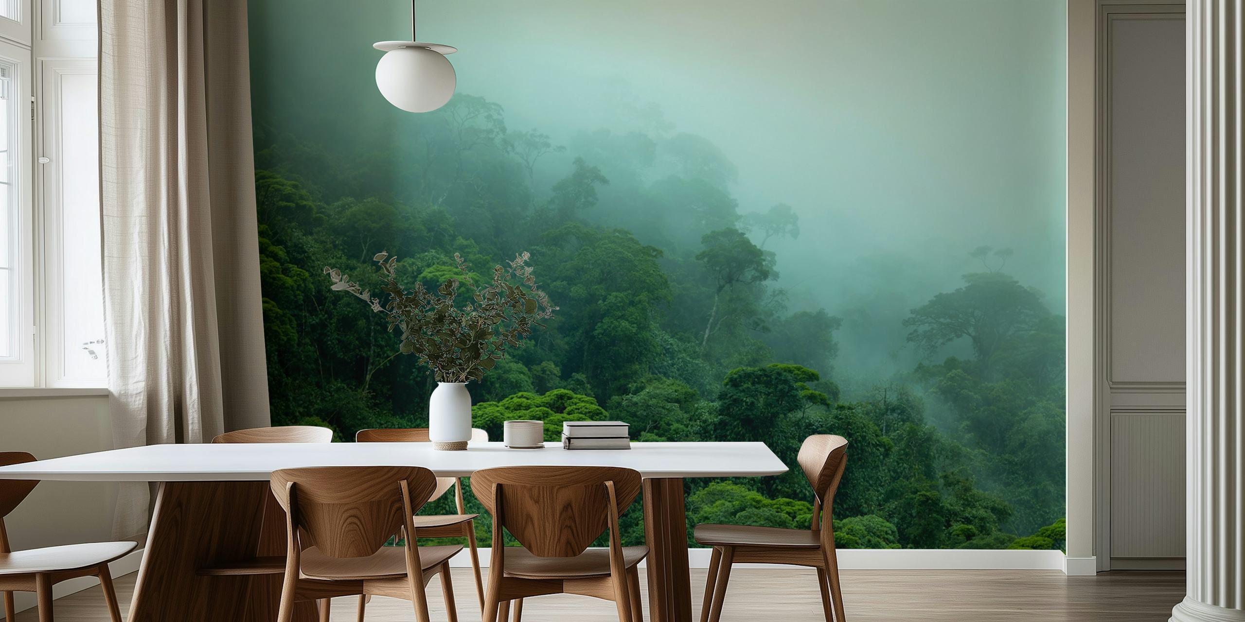 Nebliger Amazonas-Regenwald – Fototapete mit einem grünen, in Nebel gehüllten Blätterdach