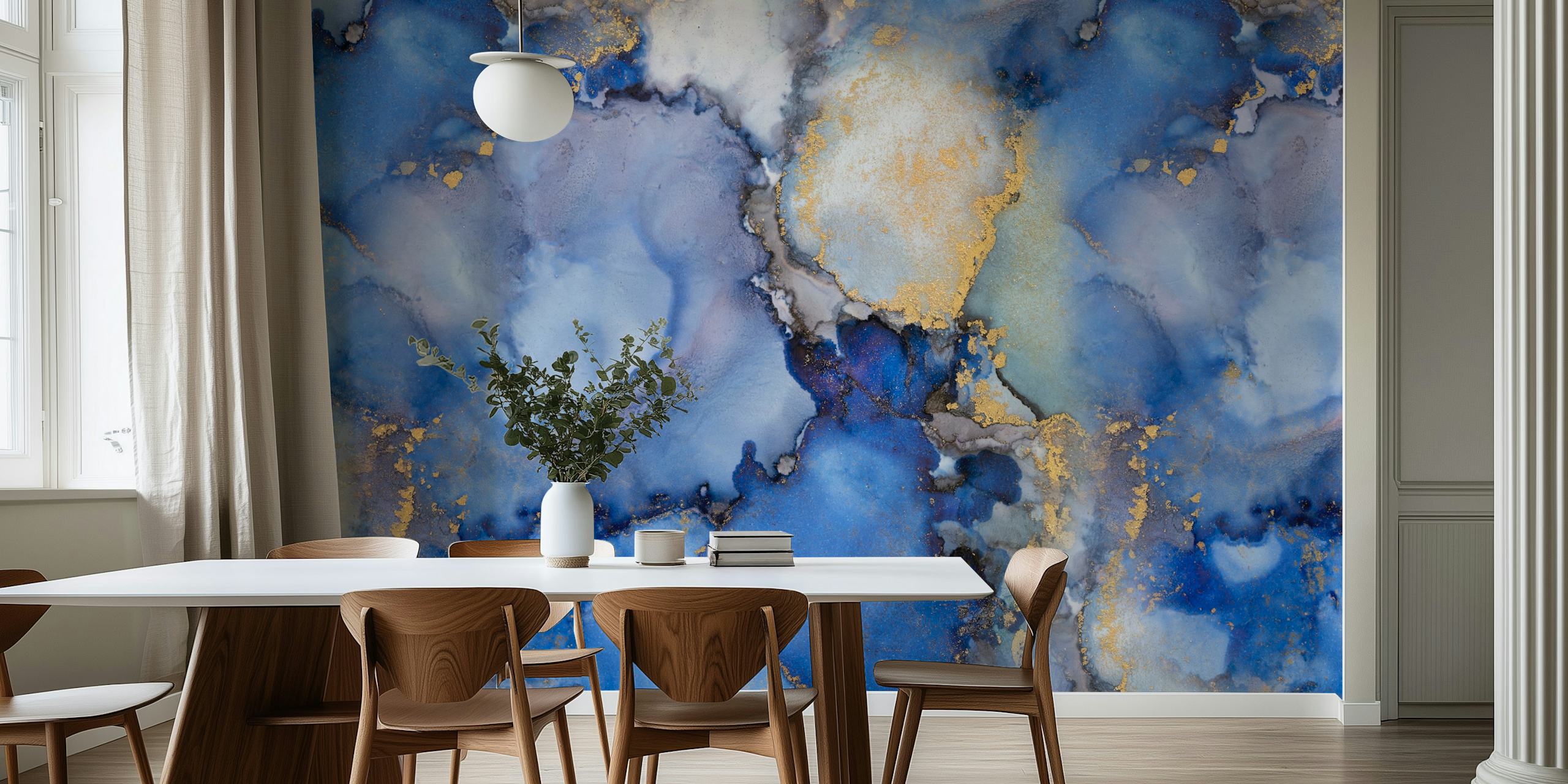 Abstract Indigo og Gold Ink Art tapet