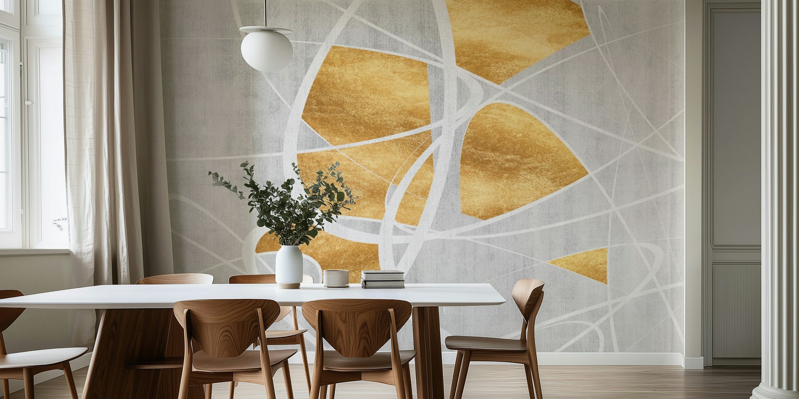 Gold abstract shapes with white lines on gray wallpaper
