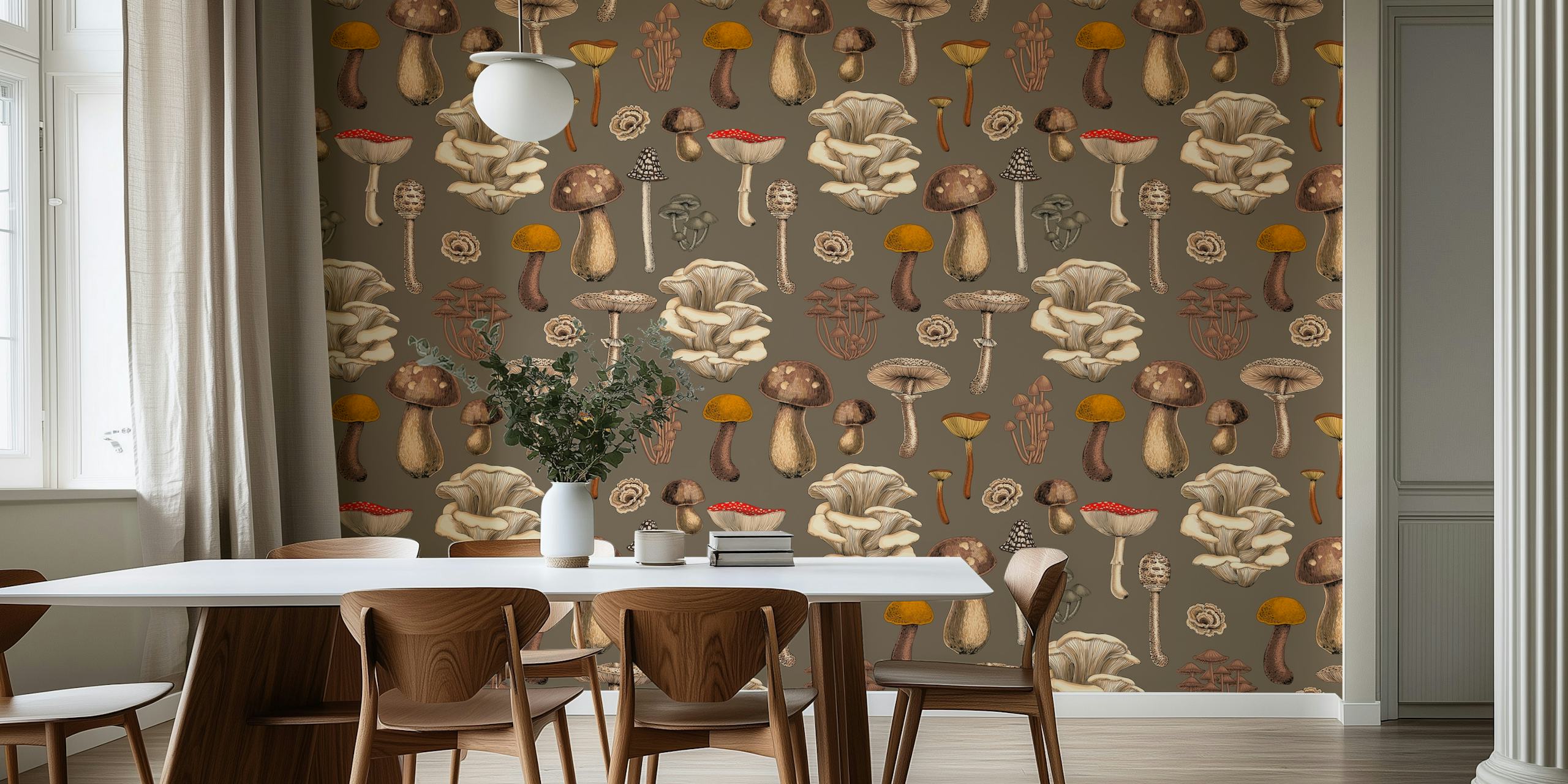 Various mushrooms on a muted brown background wallpaper