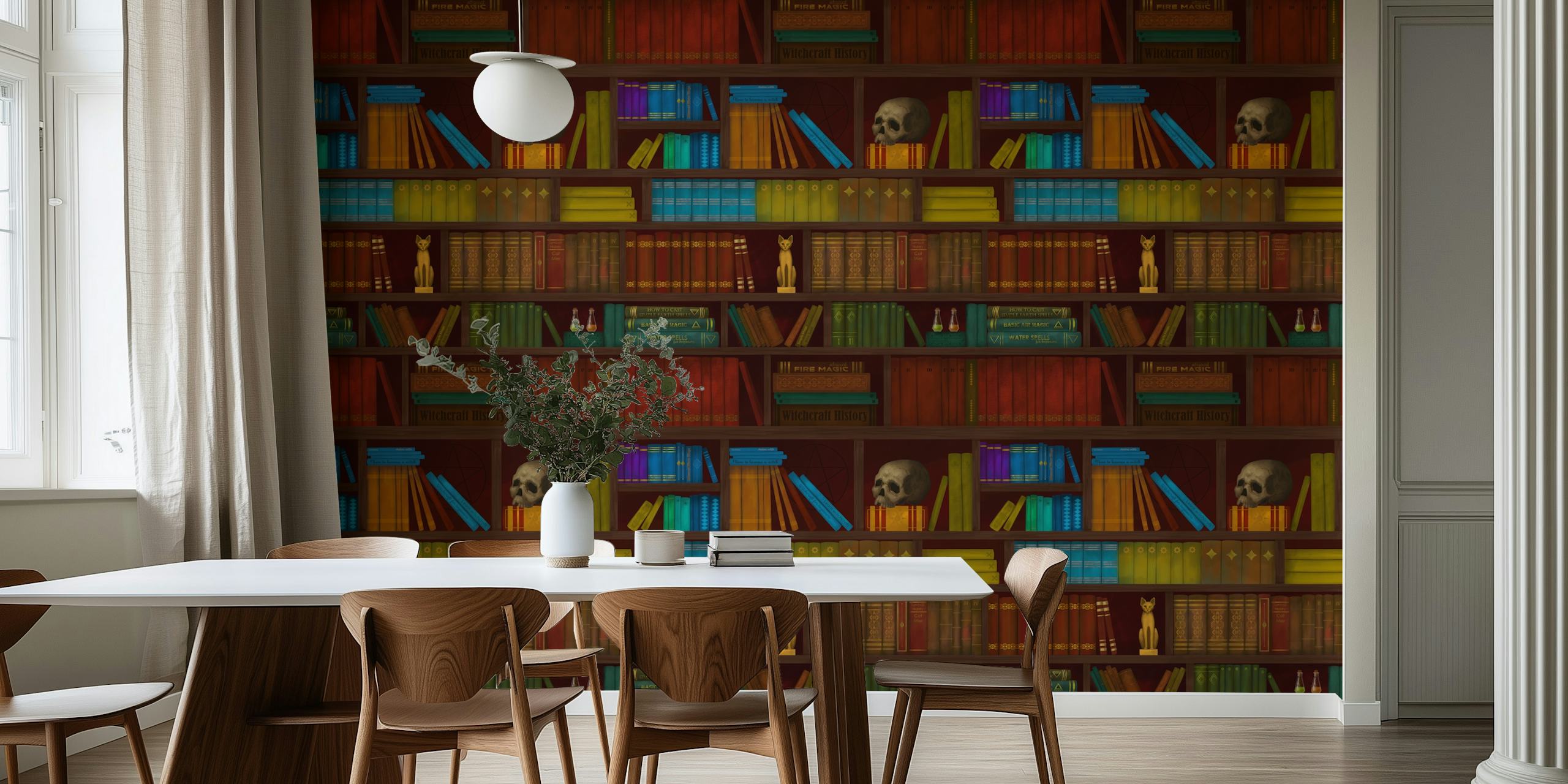 Colorful bookshelves with skulls and vintage decor wallpaper