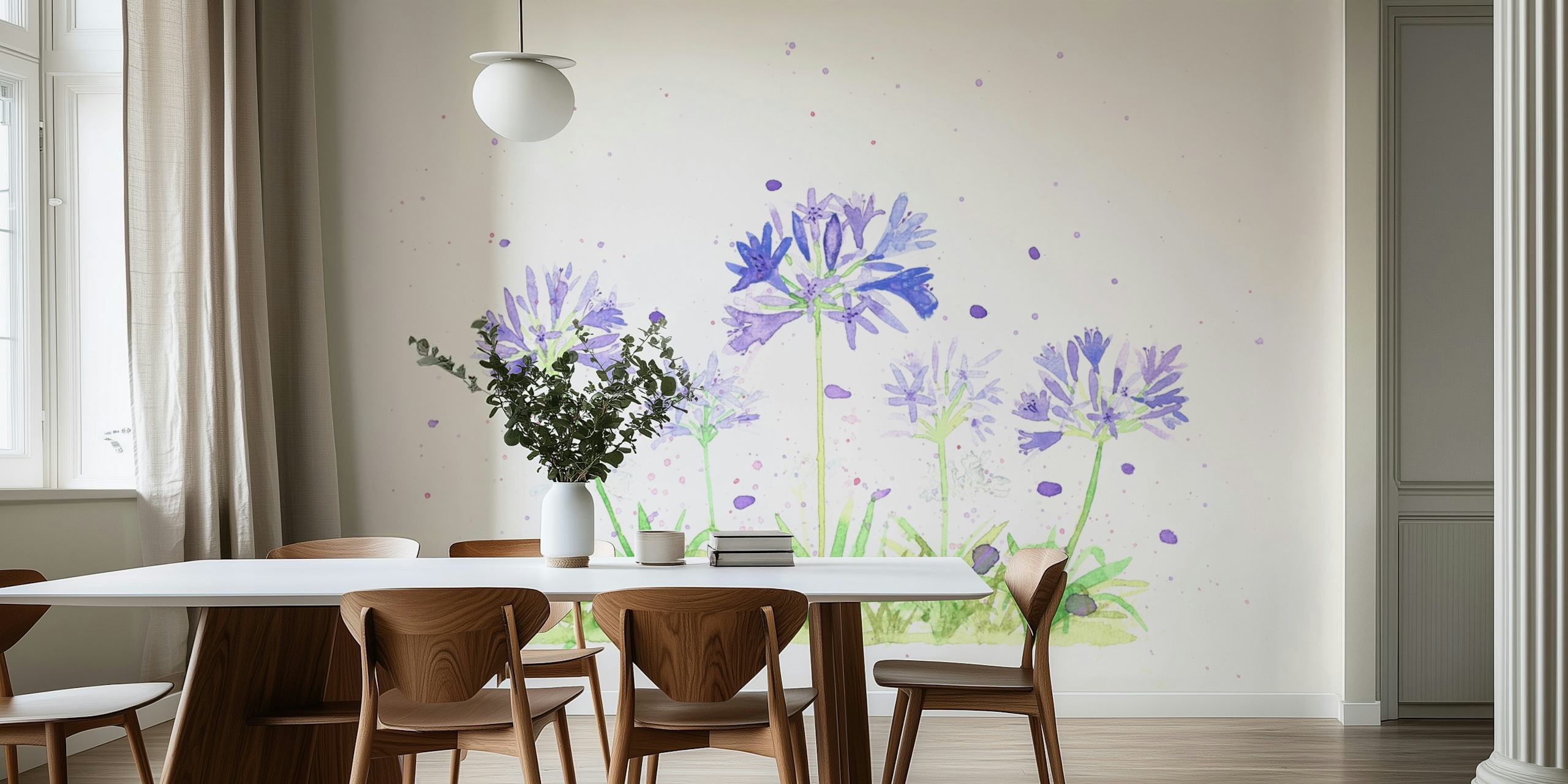 Εικονογράφηση με νερόχρωμα των hydrangea flowers σε βιολετί και μπλε σε τοιχογραφία