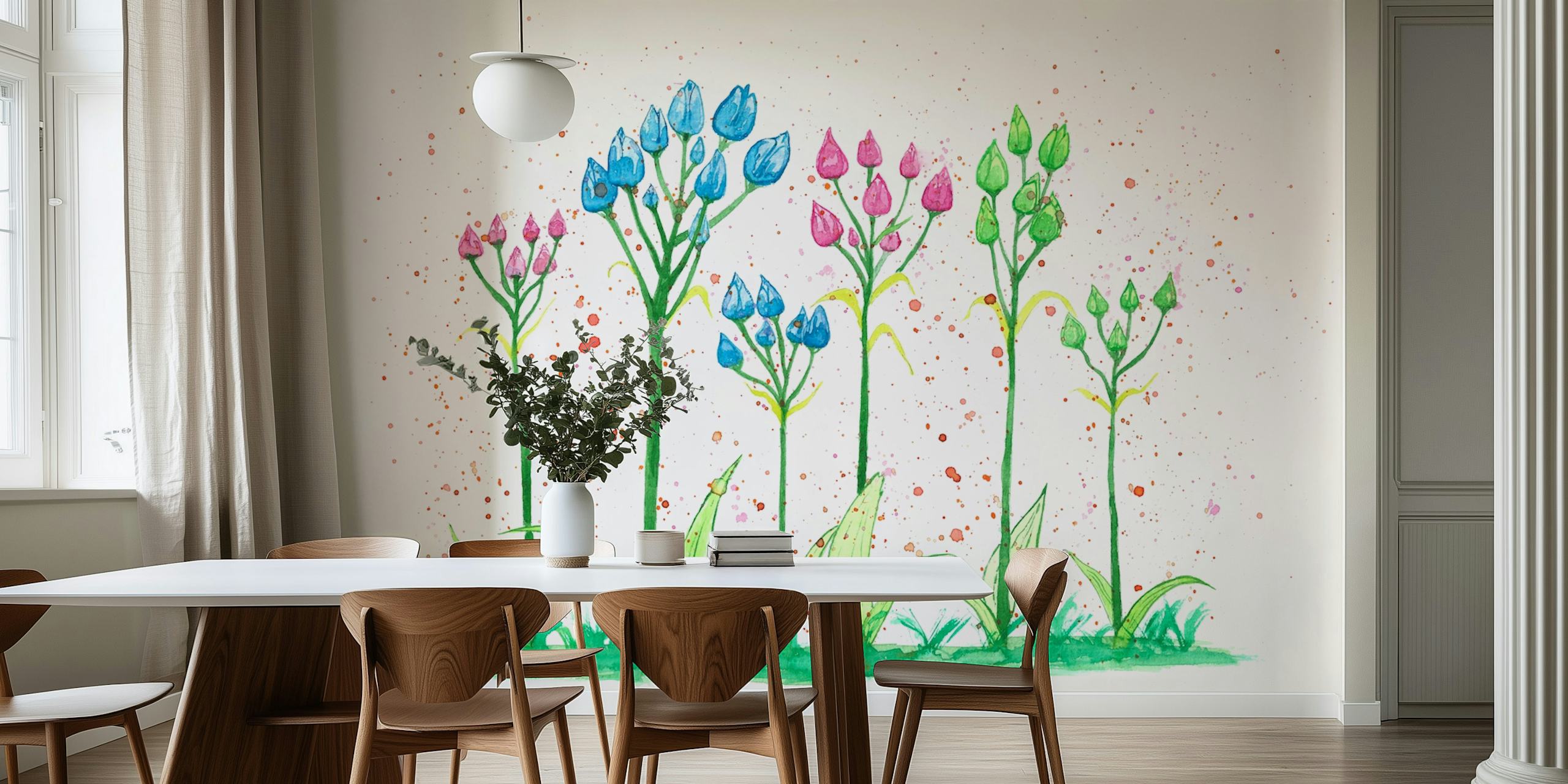 Pointy watercolor flowers wallpaper in a room