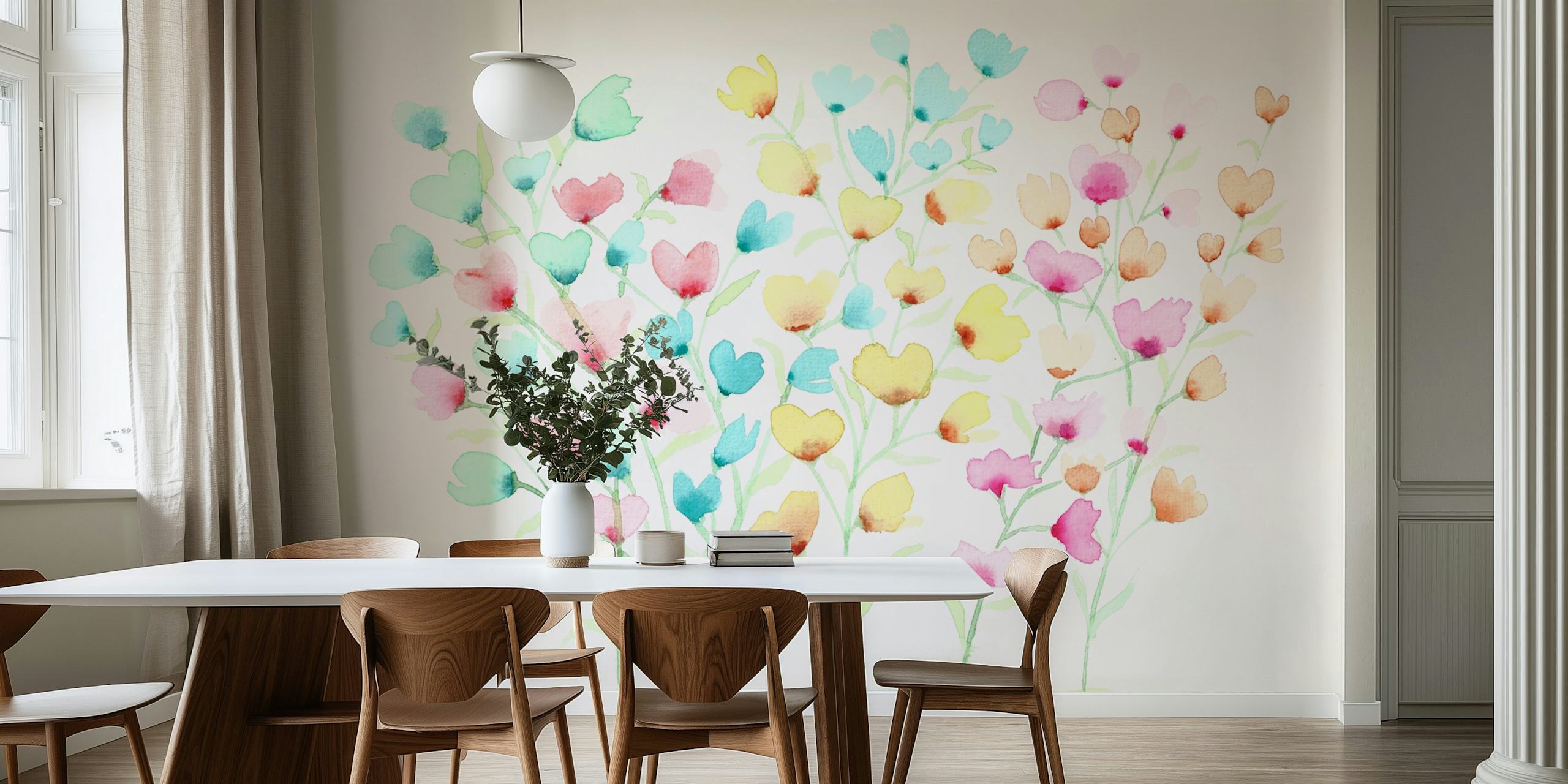 Colorful watercolor flowers in soft pastel shades wallpaper