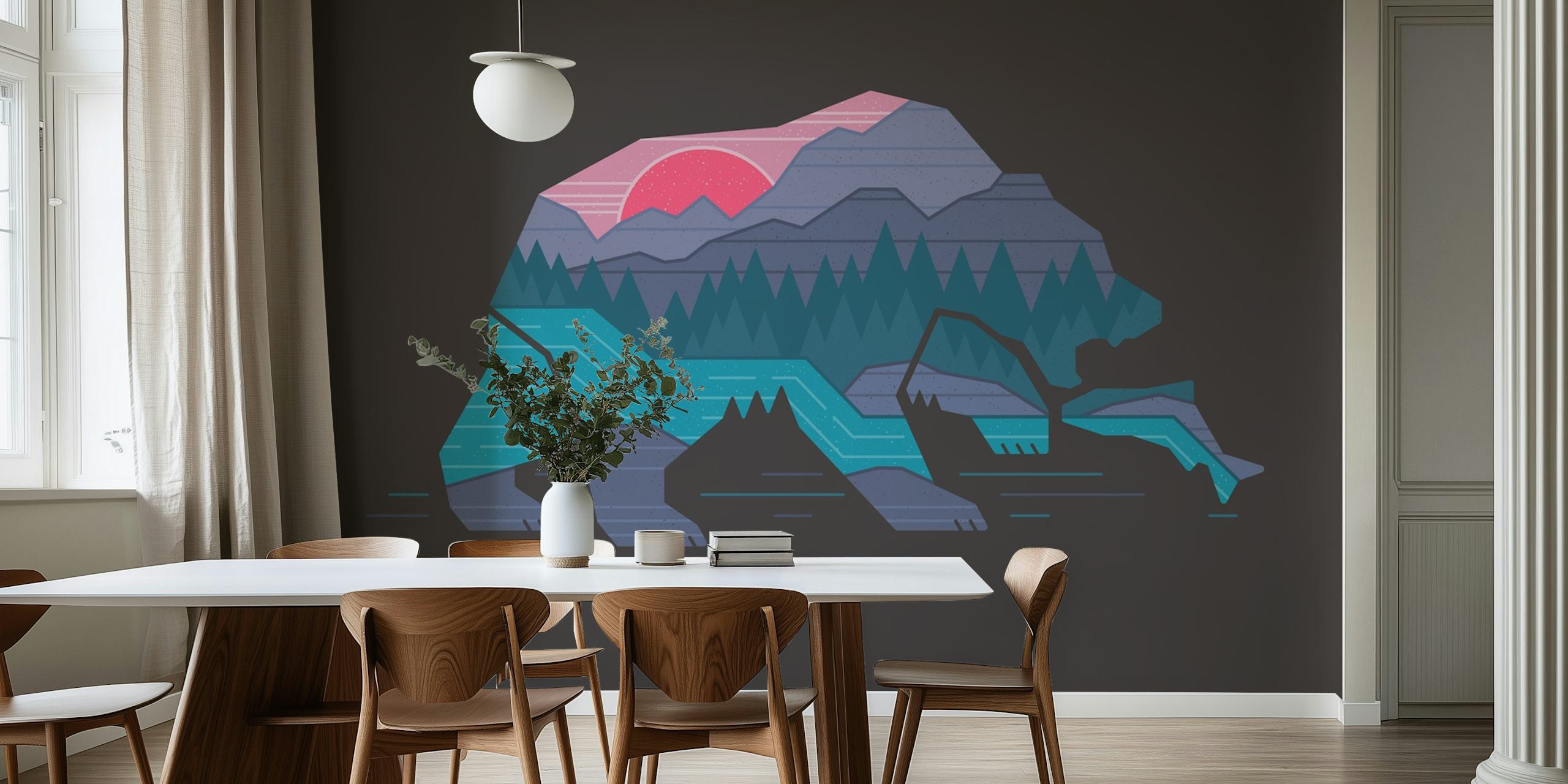 Colorful bear with mountains and rivers in blue, pink, and green wallpaper