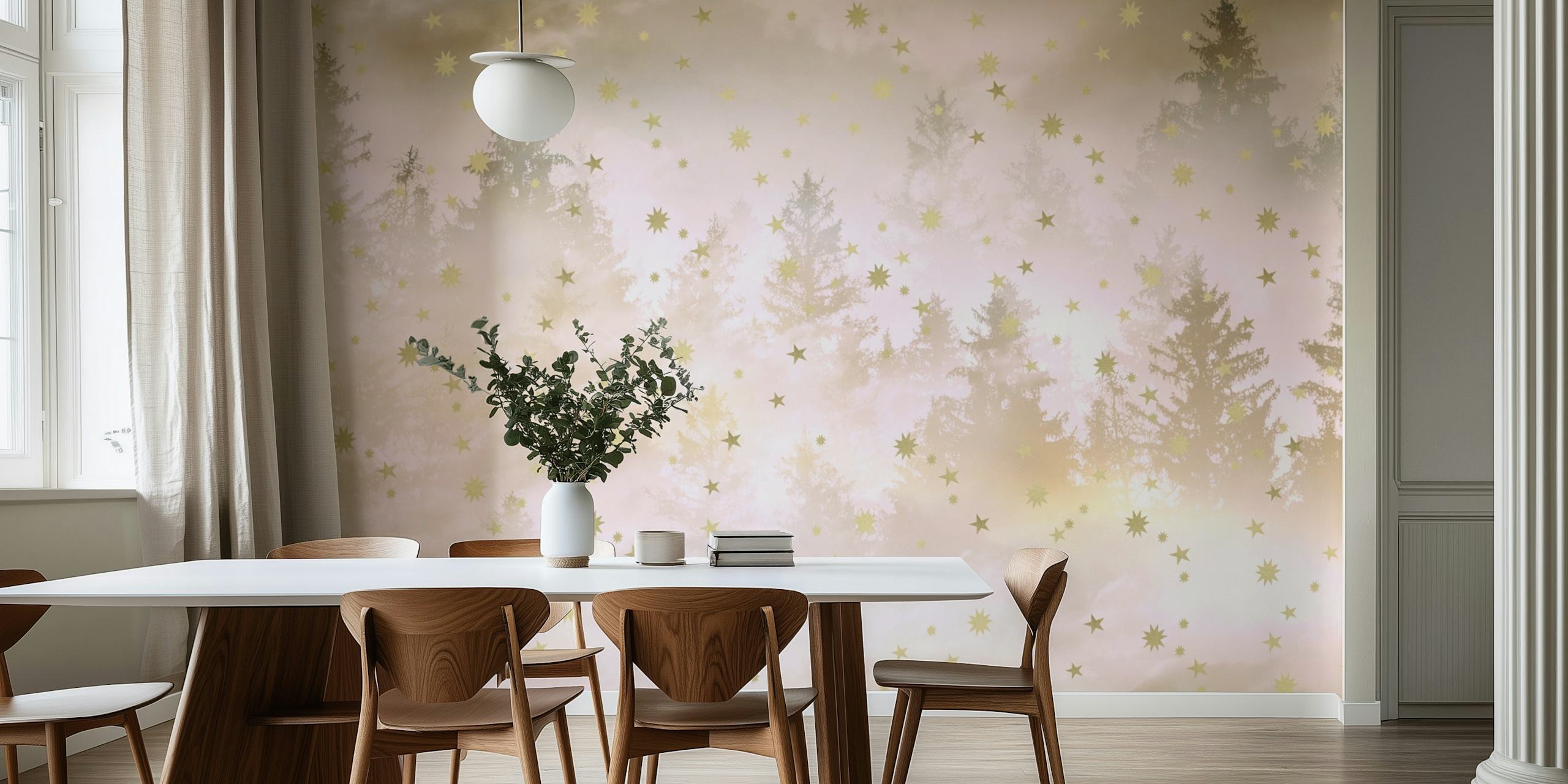 Blush forest wallpaper with stars and a soft pink background.