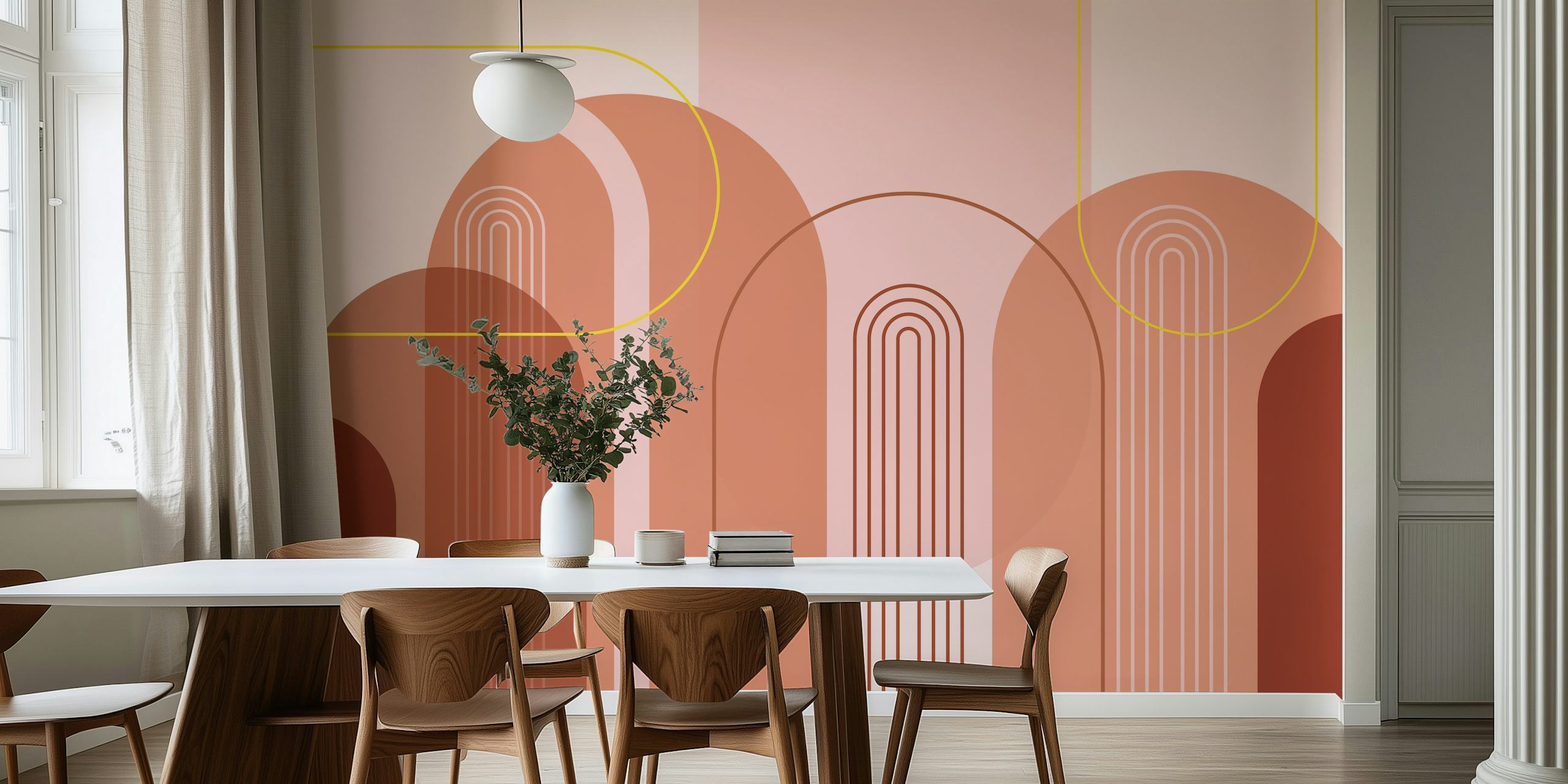 Abstrakt moderne buevægmaleri fra midten af århundredet med pink, beige, rødbrun og guldfarver