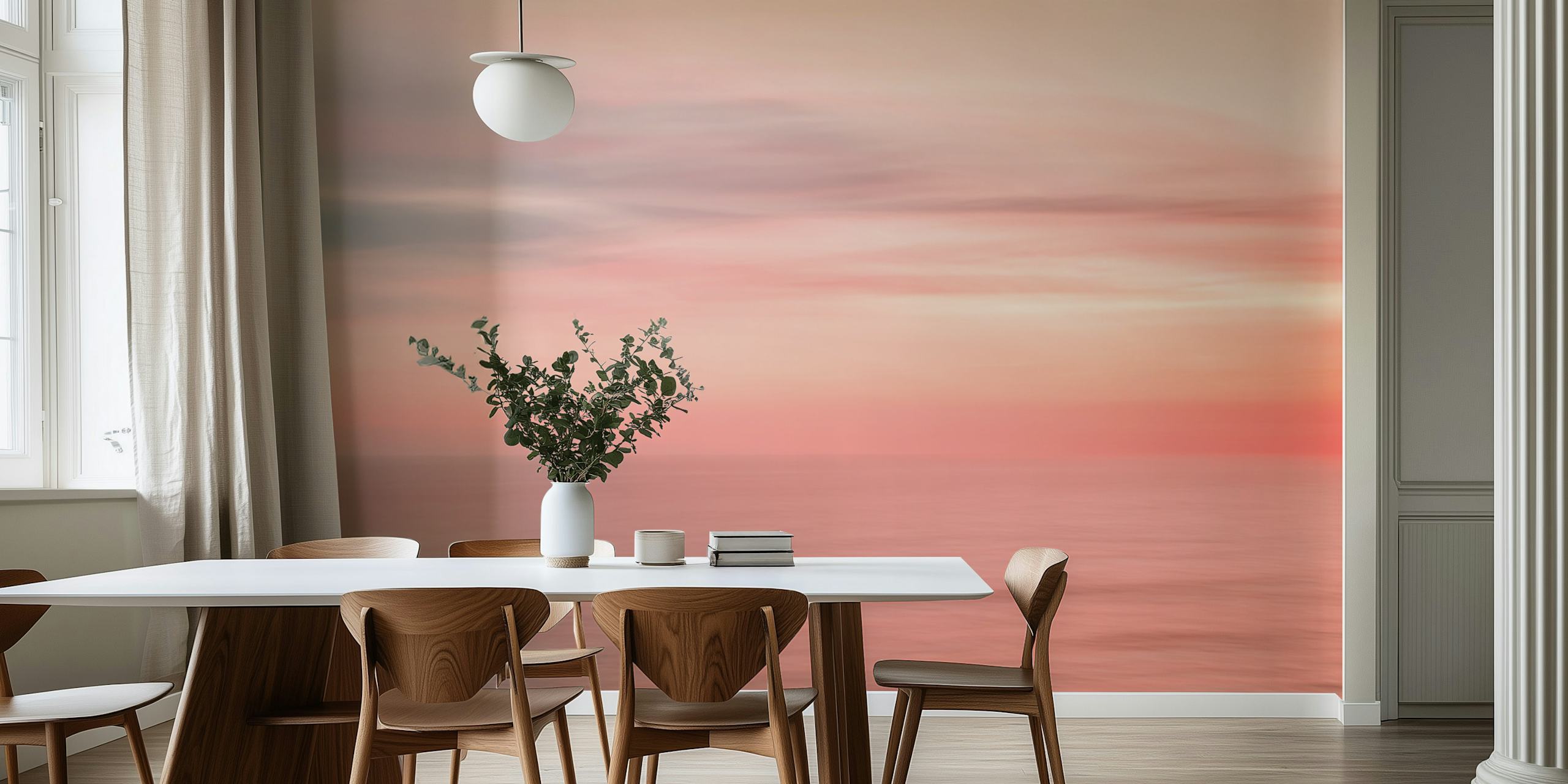 Mural de parede de um céu colorido do pôr do sol com tons rosa e laranja refletindo no oceano