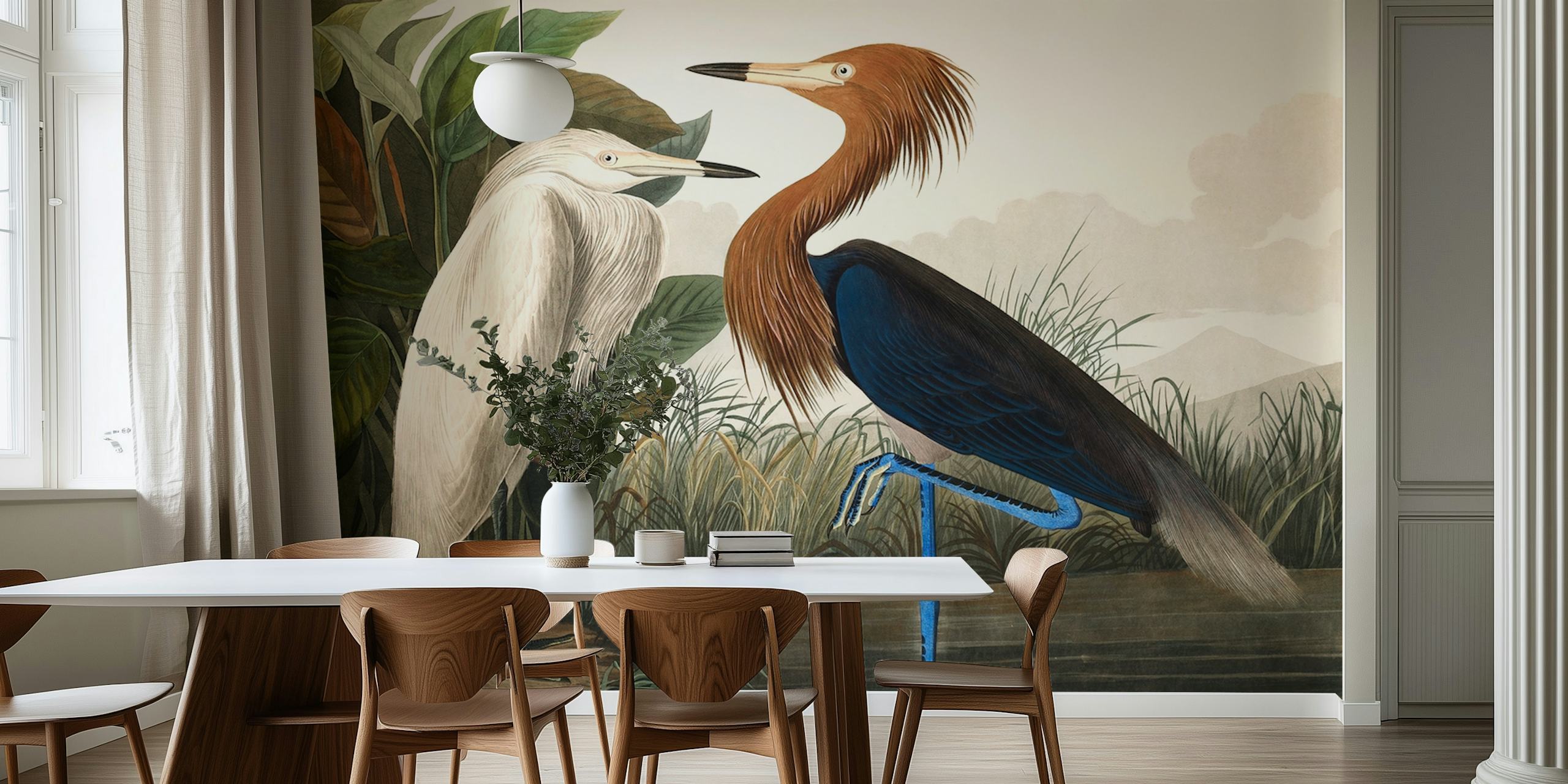 Two vintage tropical birds in a natural setting with green foliage wallpaper.