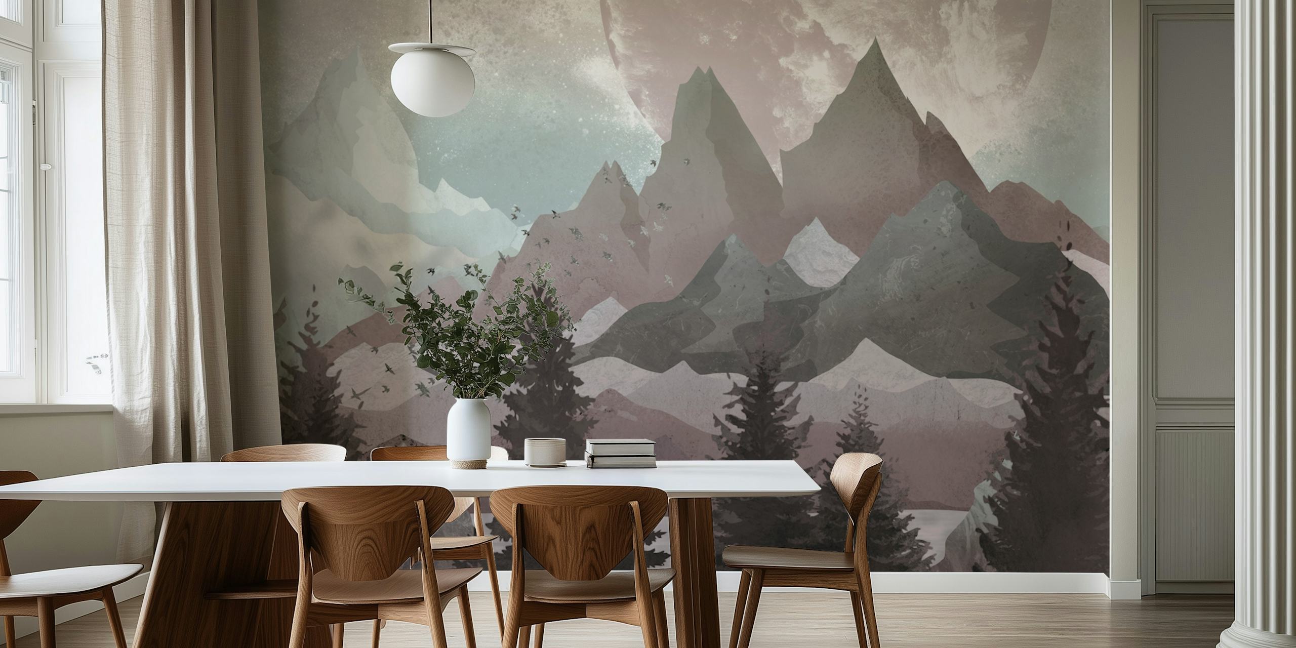 Papel de parede Enchanting mountains exibido em um quarto