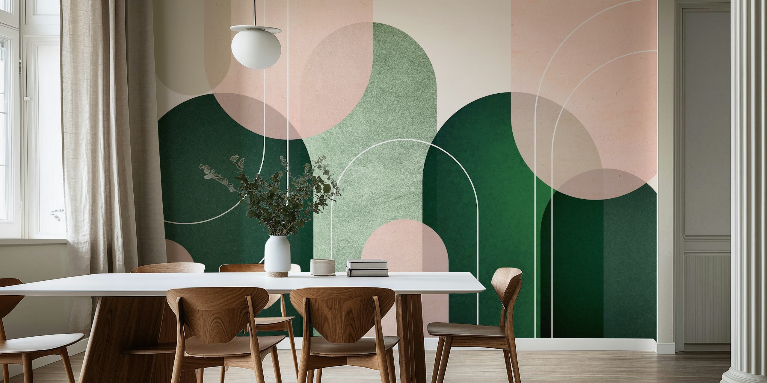 Abstract arches in pink and green tones on wallpaper