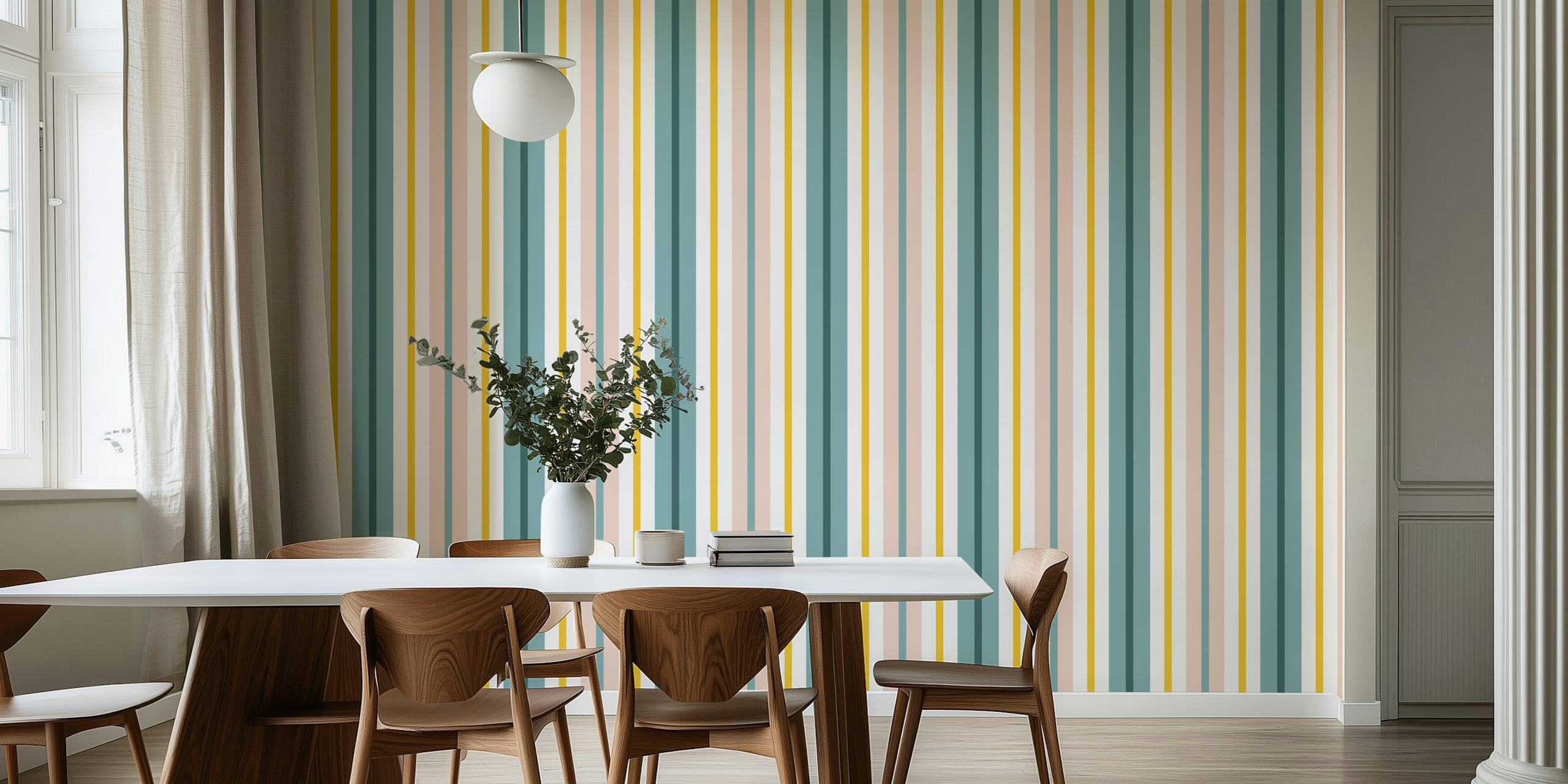 Stripes Teal Blush Mustard wallpaper displayed in a room