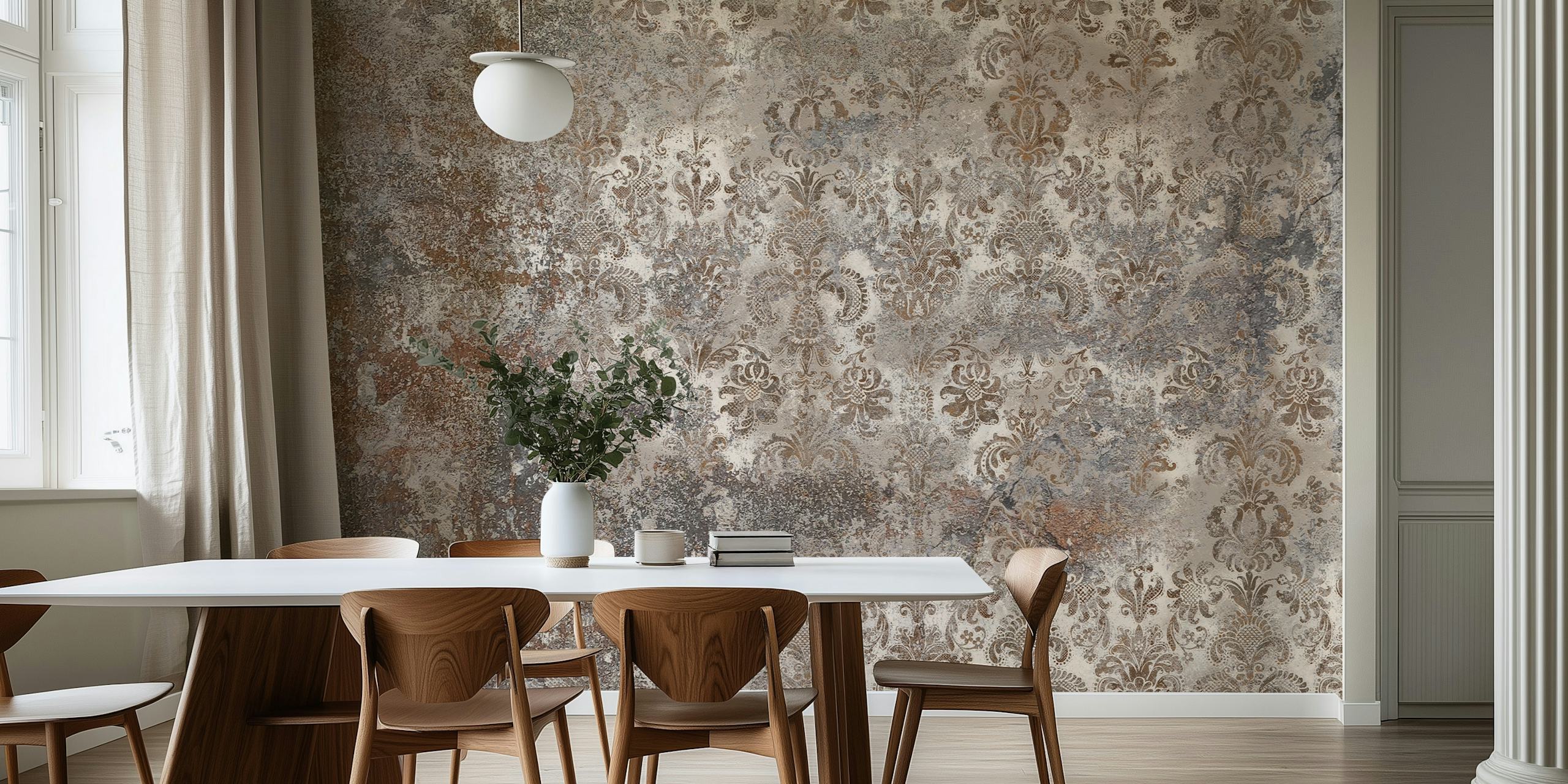 Grunge-tyylinen harmaa rustiikkinen damask-kuvioinen seinämaalaus