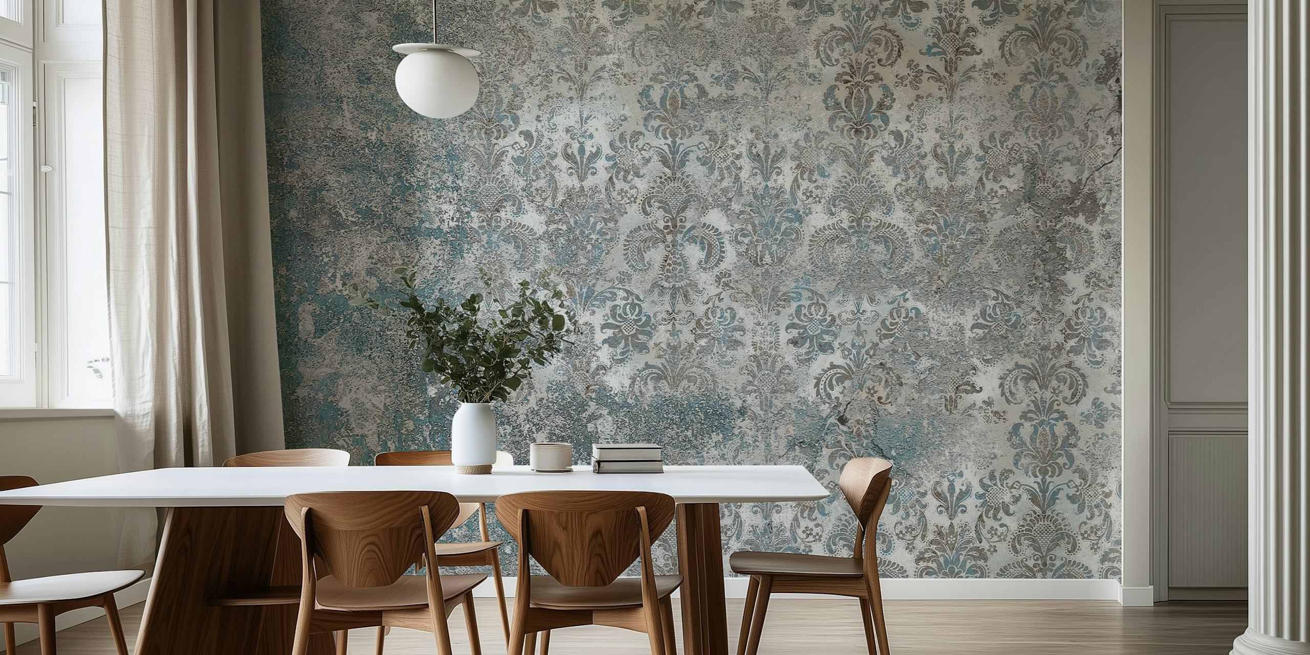 Grunge Damask Wall Taupe Blue tapet i ett rum