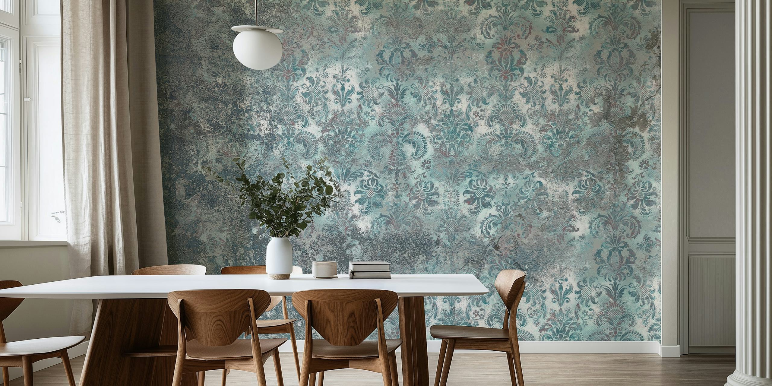 Grunge Damask Wall Aqua Grey Muster für eine stilvolle Wandtapete