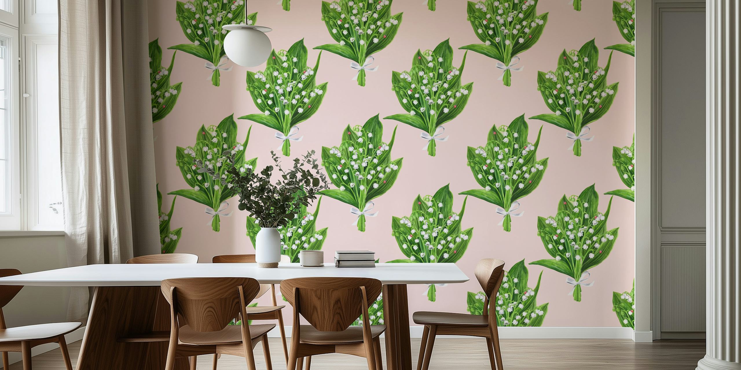 Bouquet of lilies with green leaves and white flowers on pink wallpaper