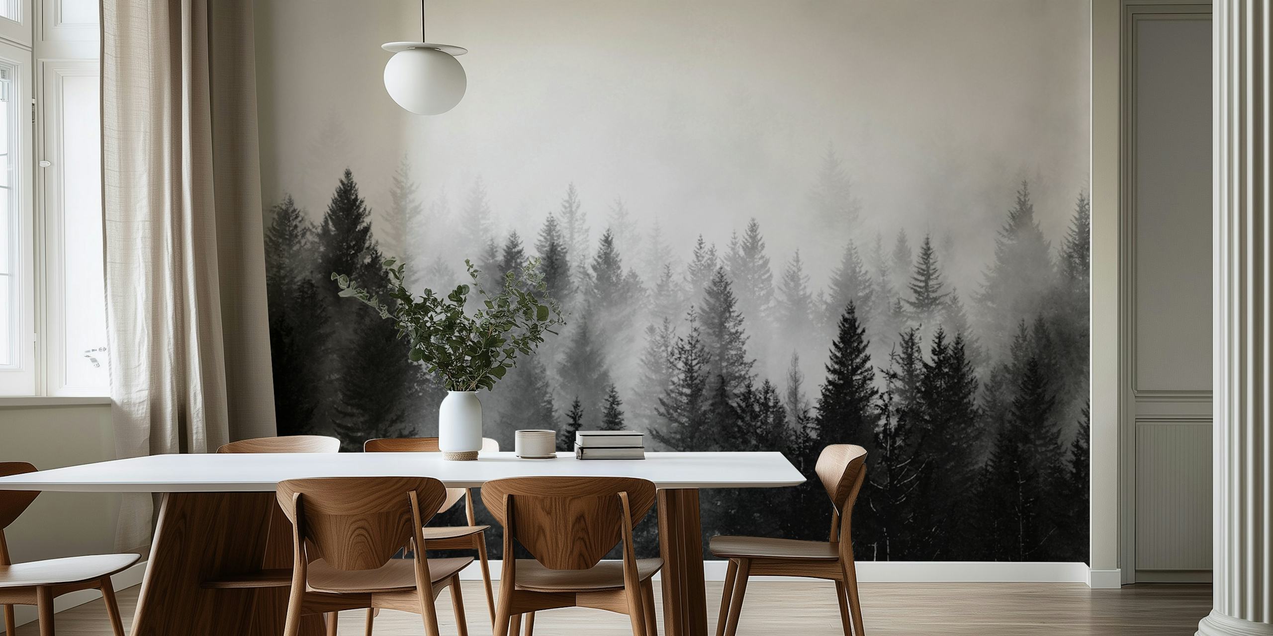 Misty forest silhouette wall mural with trees in grayscale
