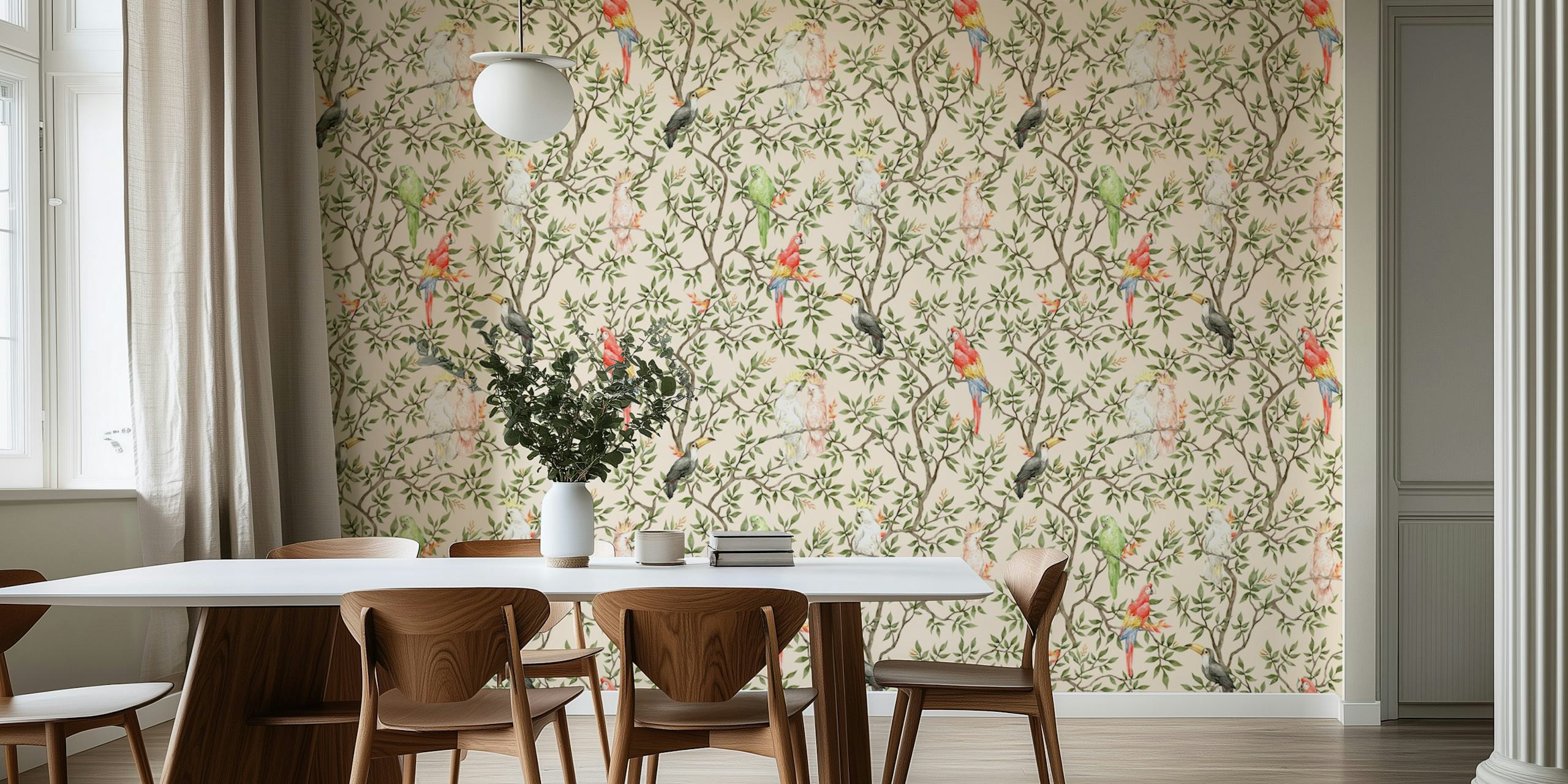 Tropical parrot and floral pattern in pastel colors wallpaper
