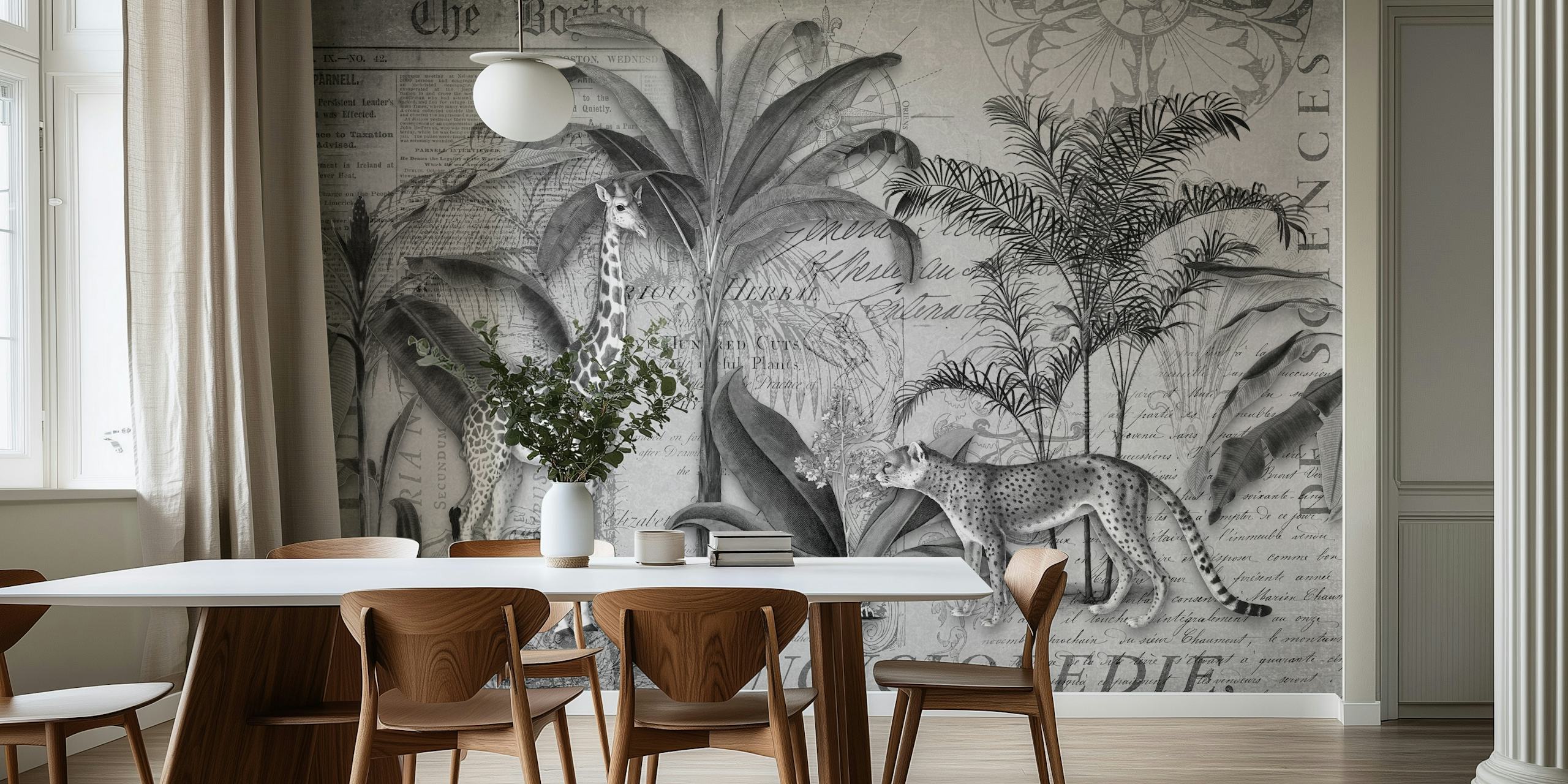Giraffe and leopard among tropical plants and vintage text wallpaper