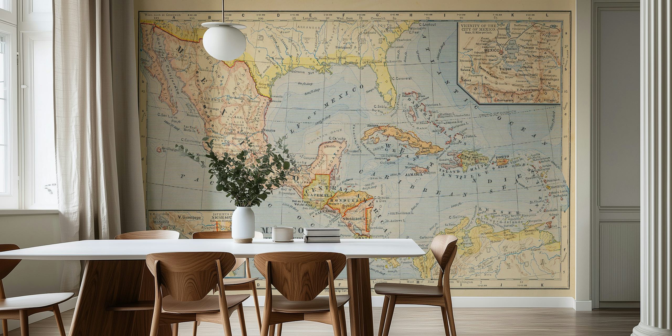 Vintage map of Caribbean and Mexico in soft colors wallpaper
