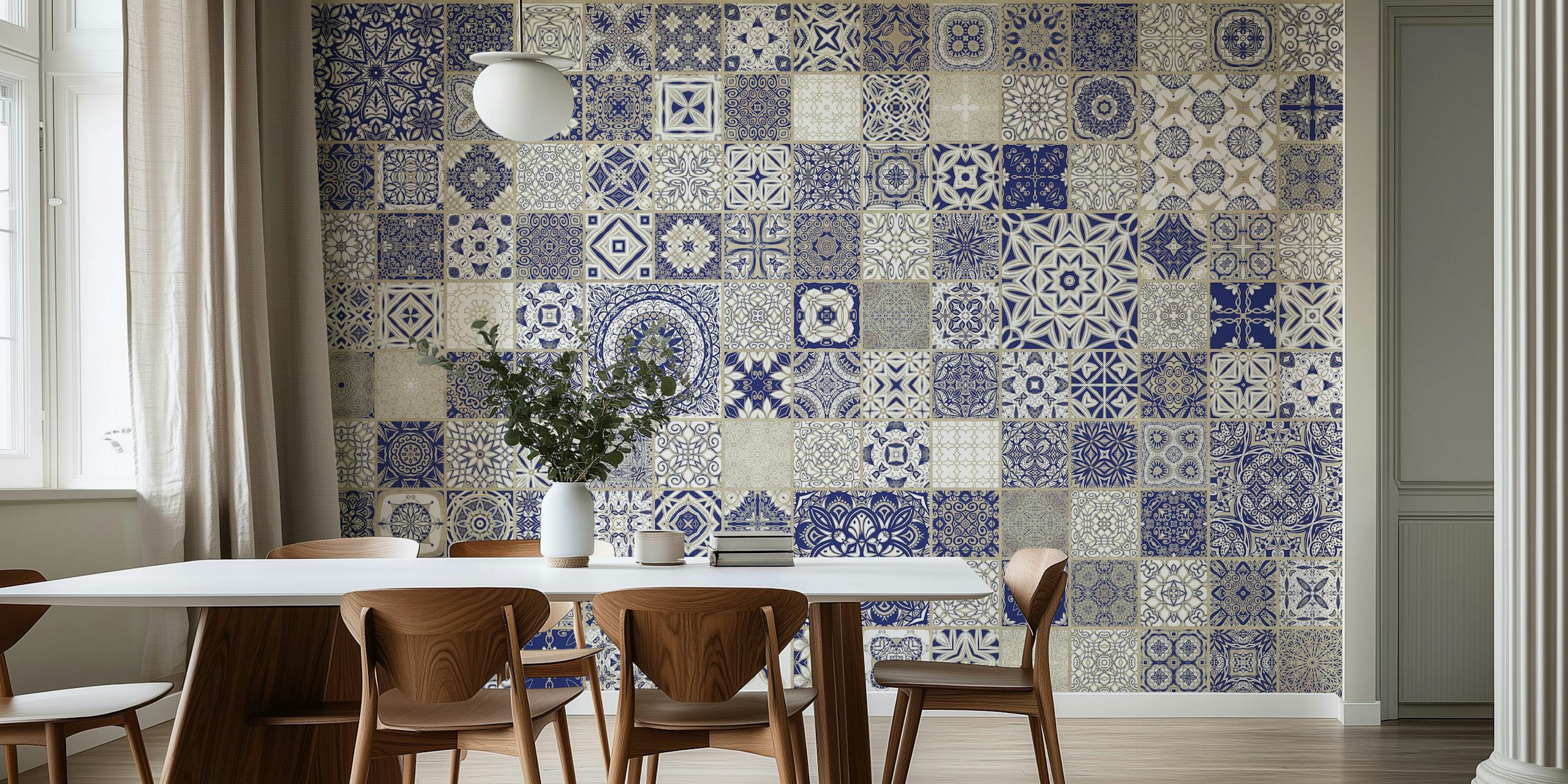 Carta da parati con piastrelle vintage a motivi blu e beige