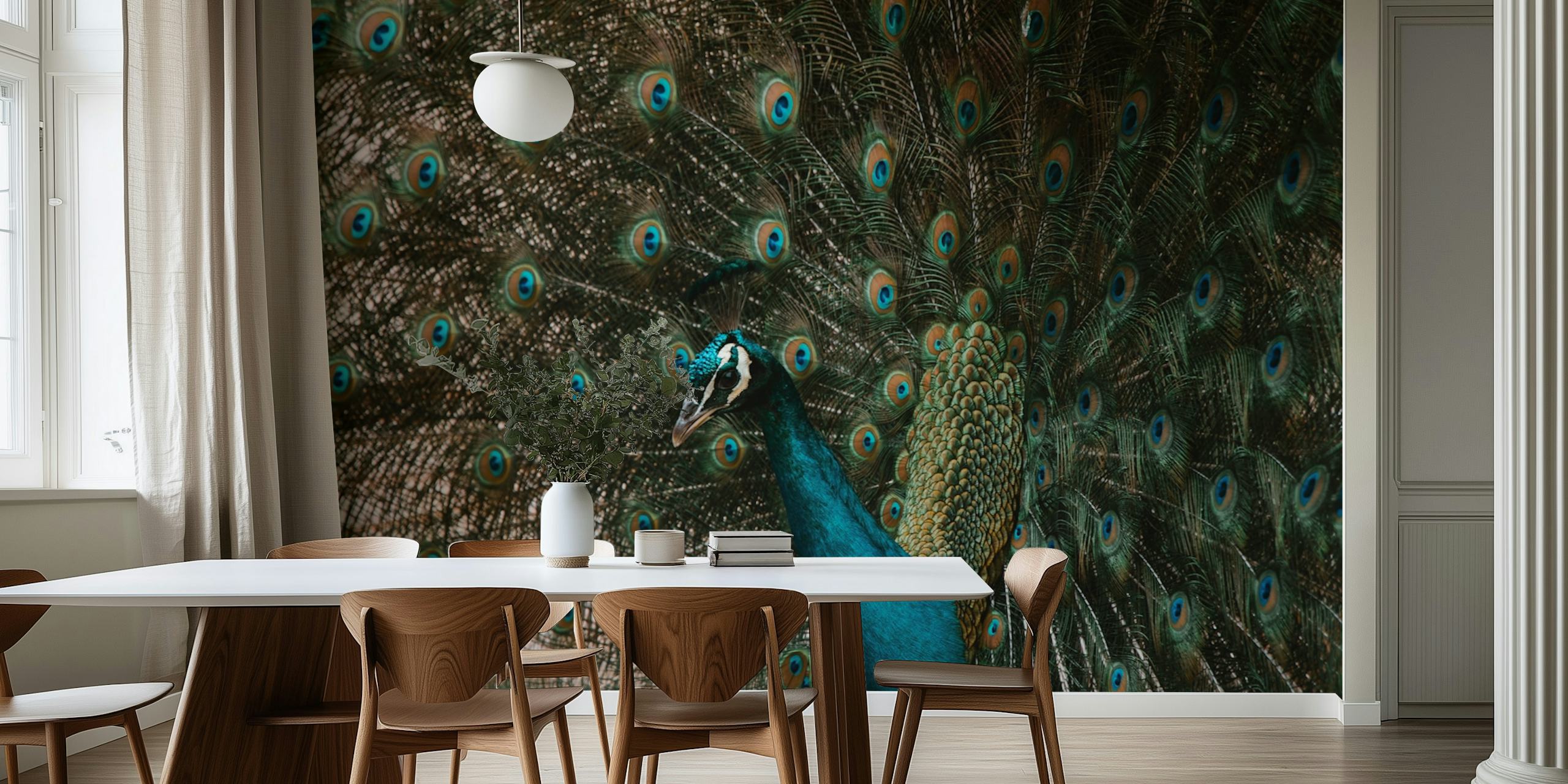 Peacock feathers in vibrant green and blue tones wallpaper