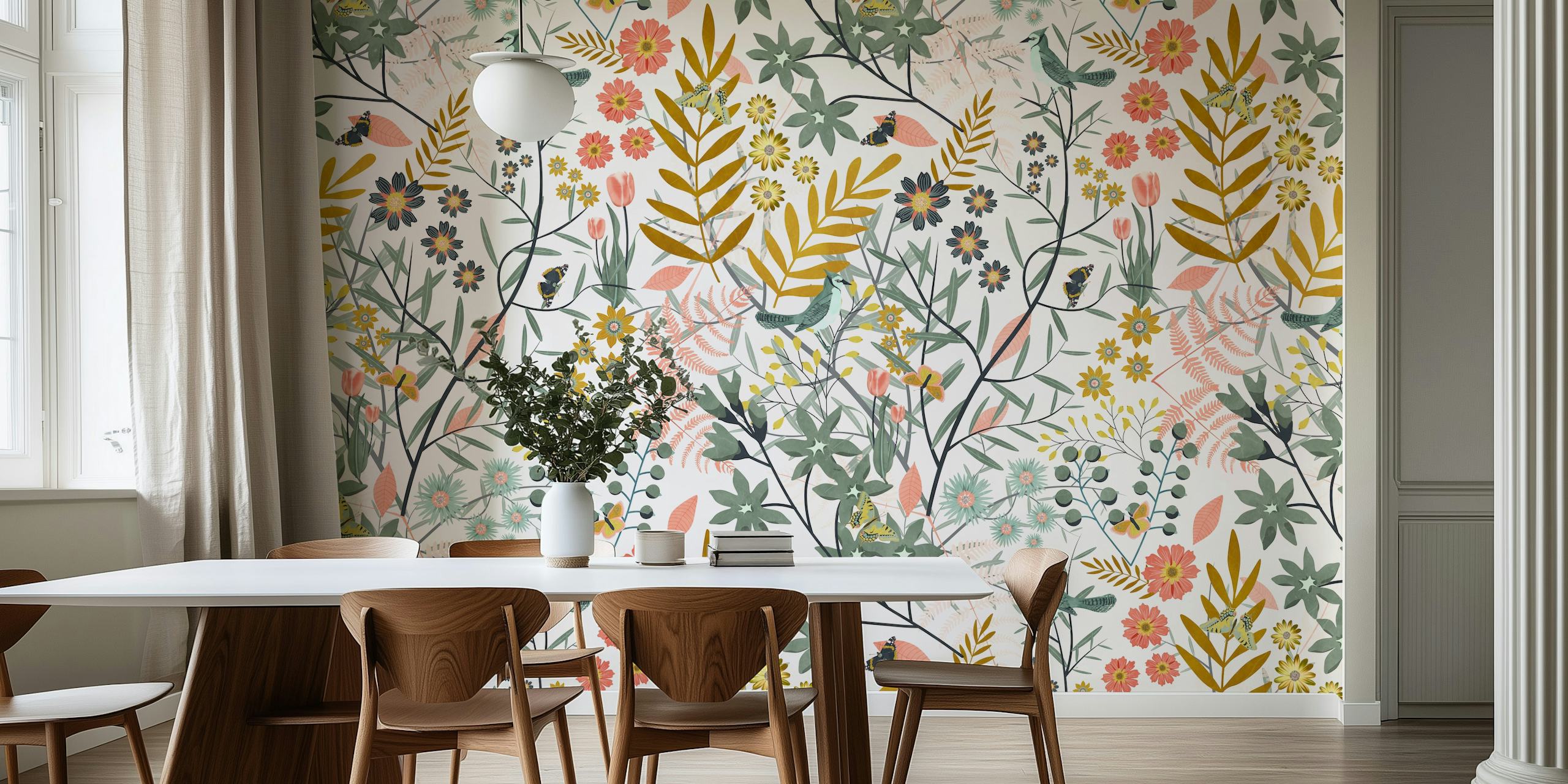 Birds and butterflies garden wallpaper design