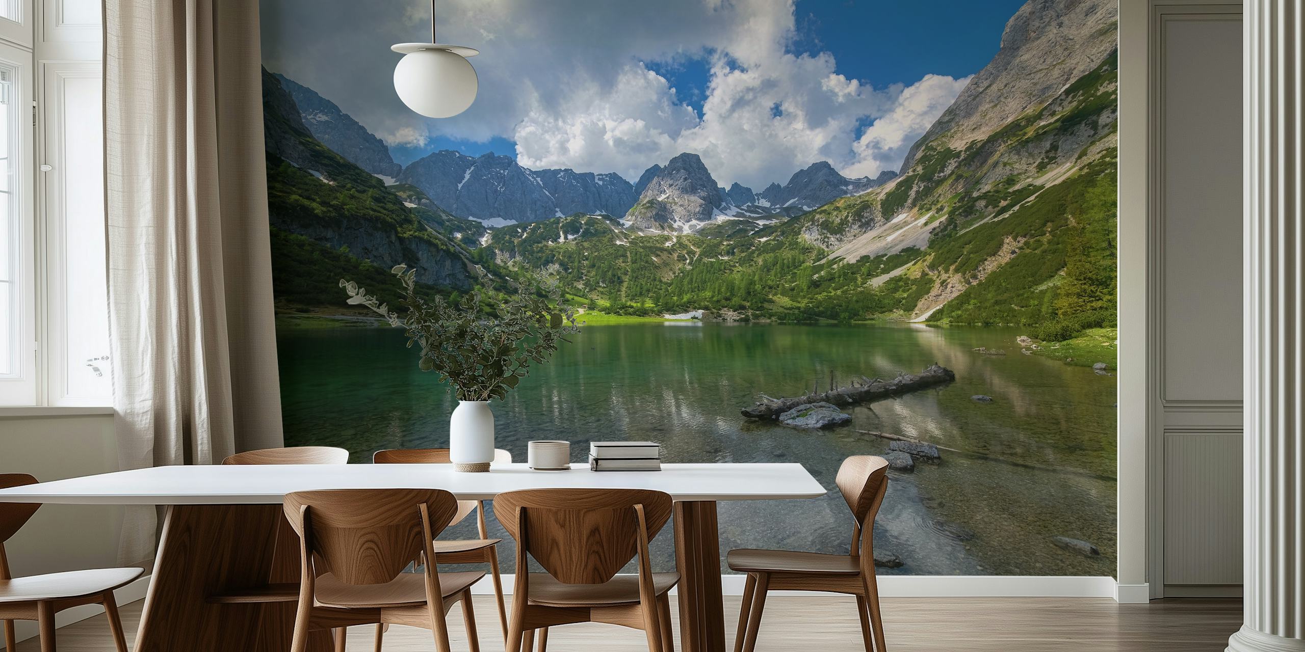 Muurschildering Seebensea in Tirol met een rustig bergmeer met bergreflecties