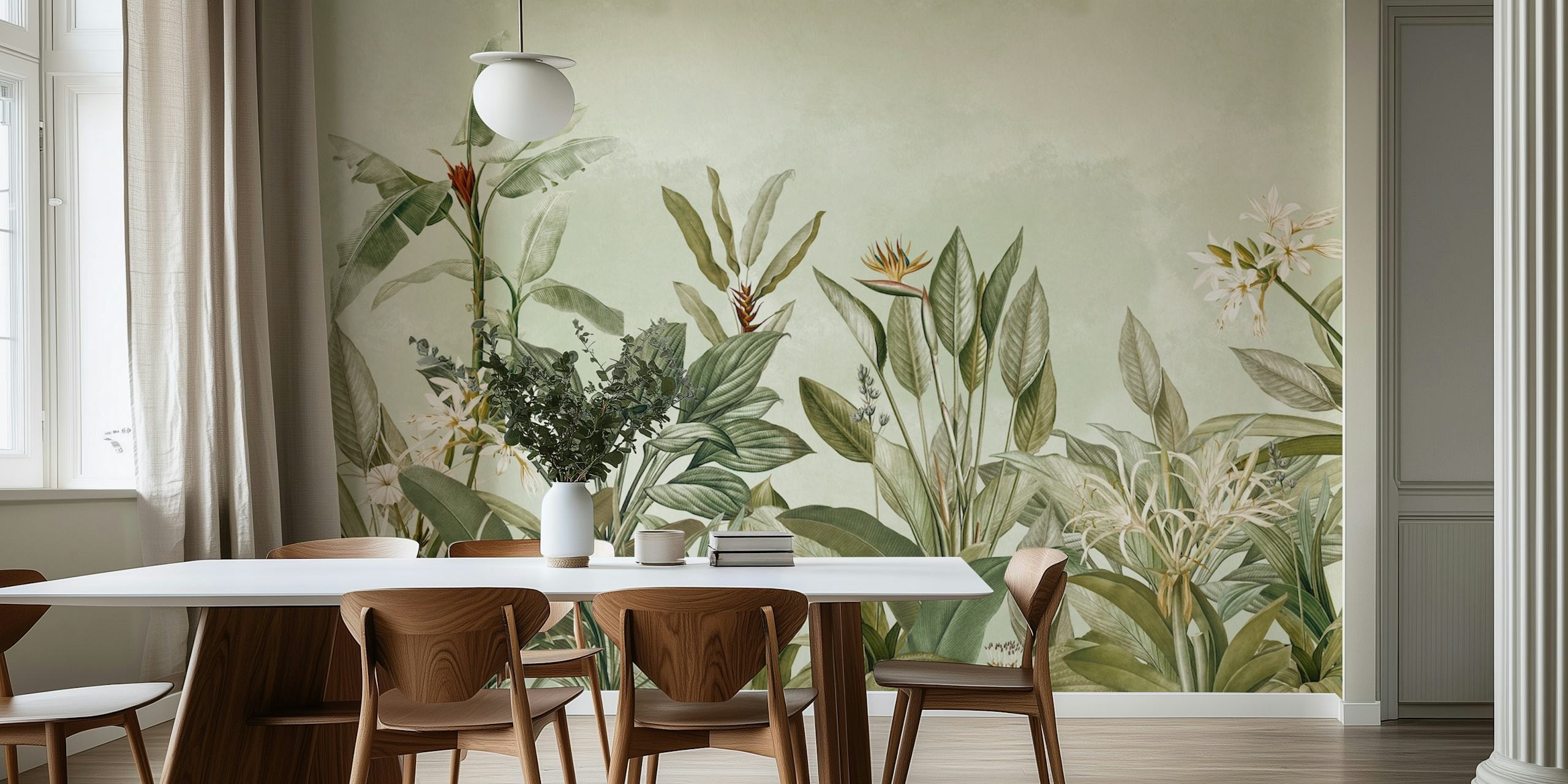 Lush floral green leaves and white flowers vintage wallpaper
