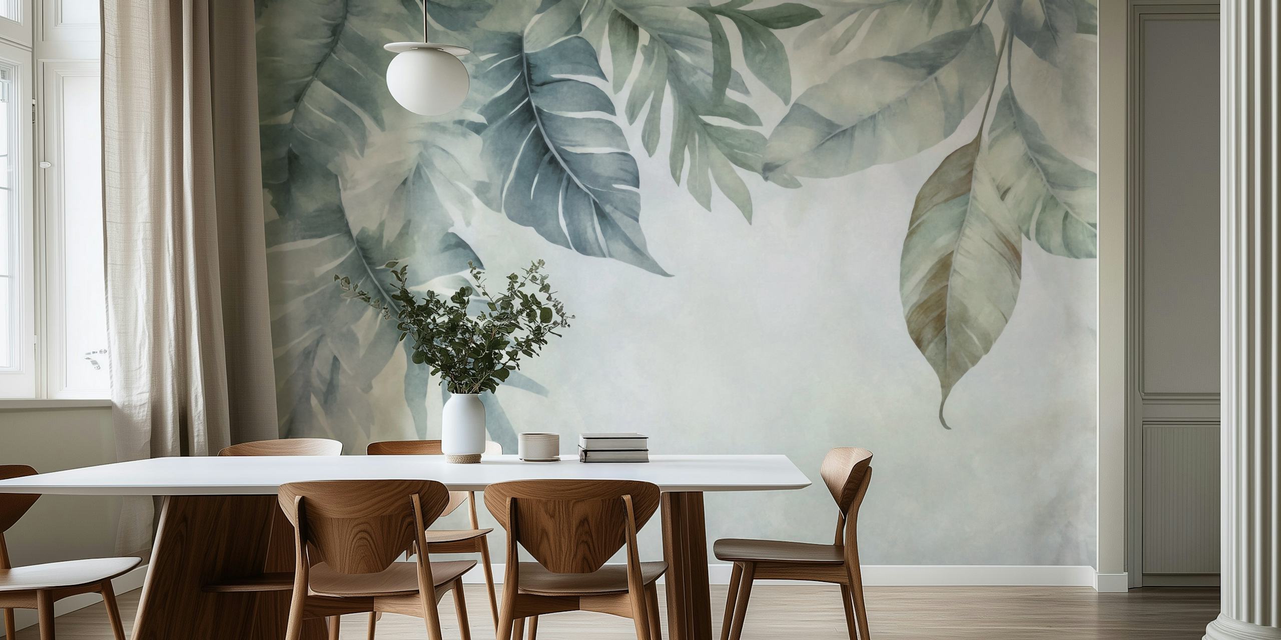 Calm tropical foliage border teal wallpaper