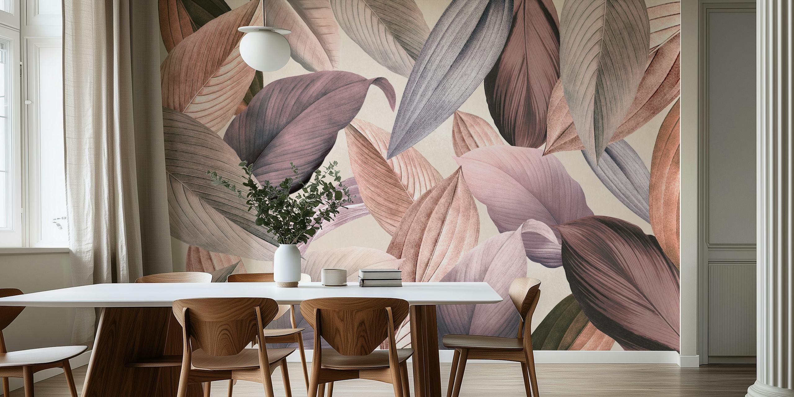 Tropical leafy wallpaper in shades of mauve, pink, and beige with a smooth texture.