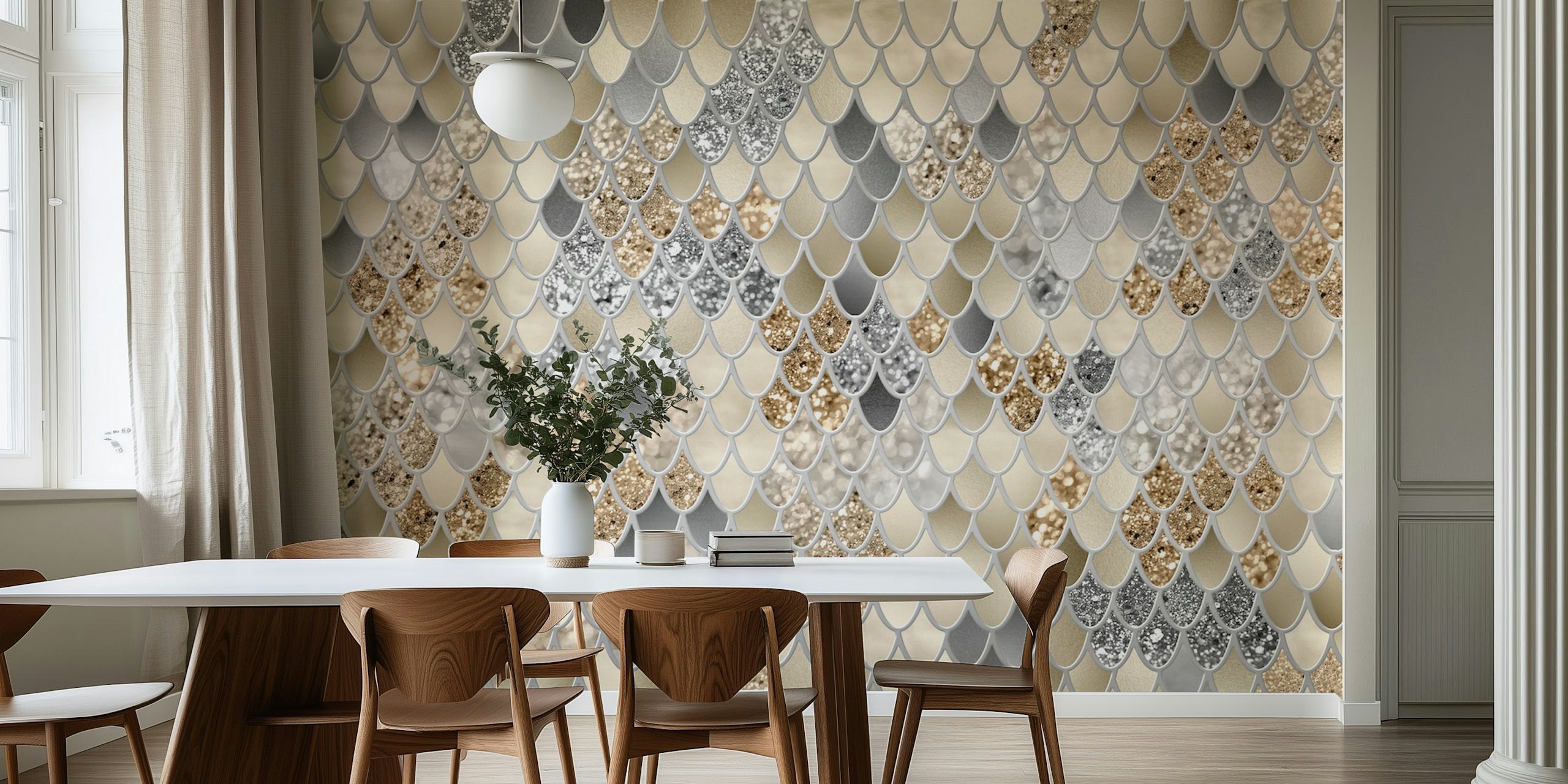 Mermaid scales pattern in gold, silver, and gray wallpaper