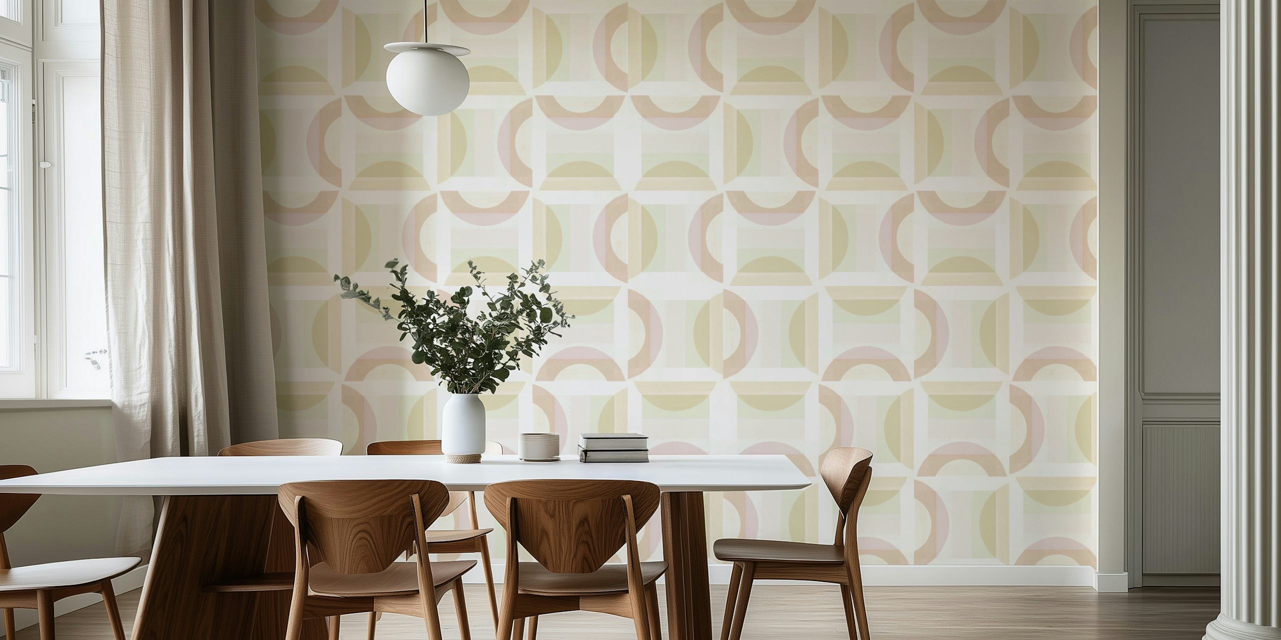 Mid Century modern style sunrise pattern wall mural with soft hues and geometric shapes