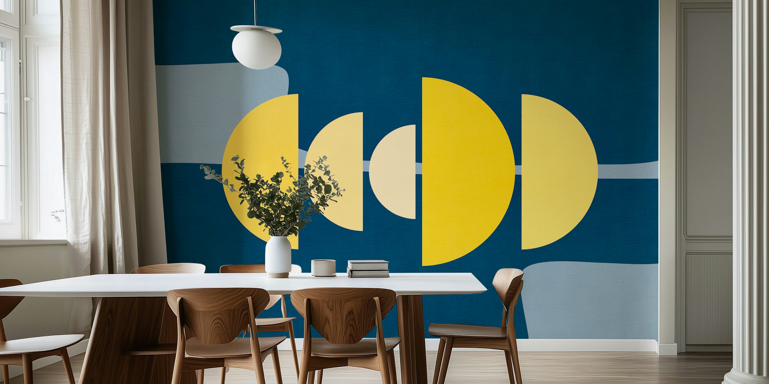 Geometric shapes in yellow and cream on a navy background wallpaper