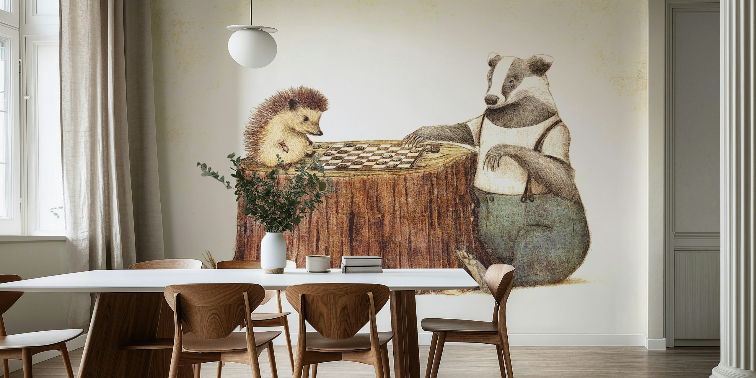 Playtime II behang met egeltje en das