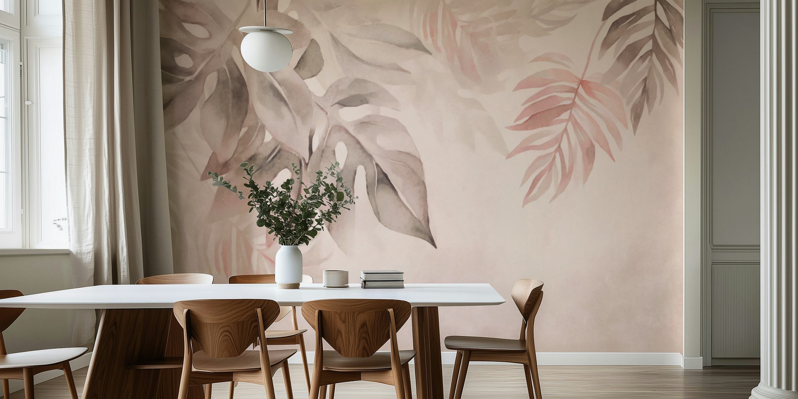 Tropical leaves in blush and gray colors, watercolor style wallpaper