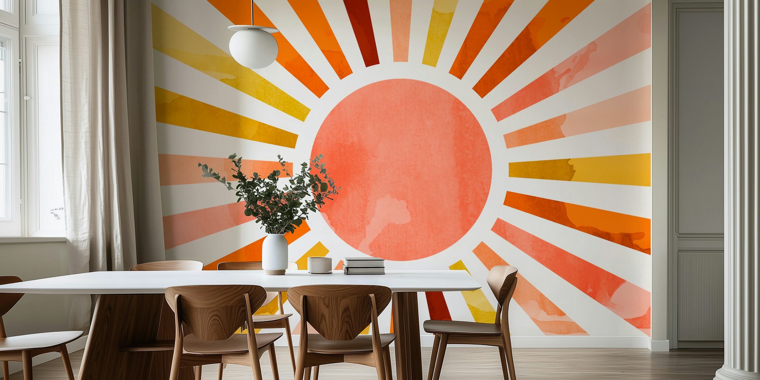Colorful sunbeam design in orange, yellow, and pink tones wallpaper