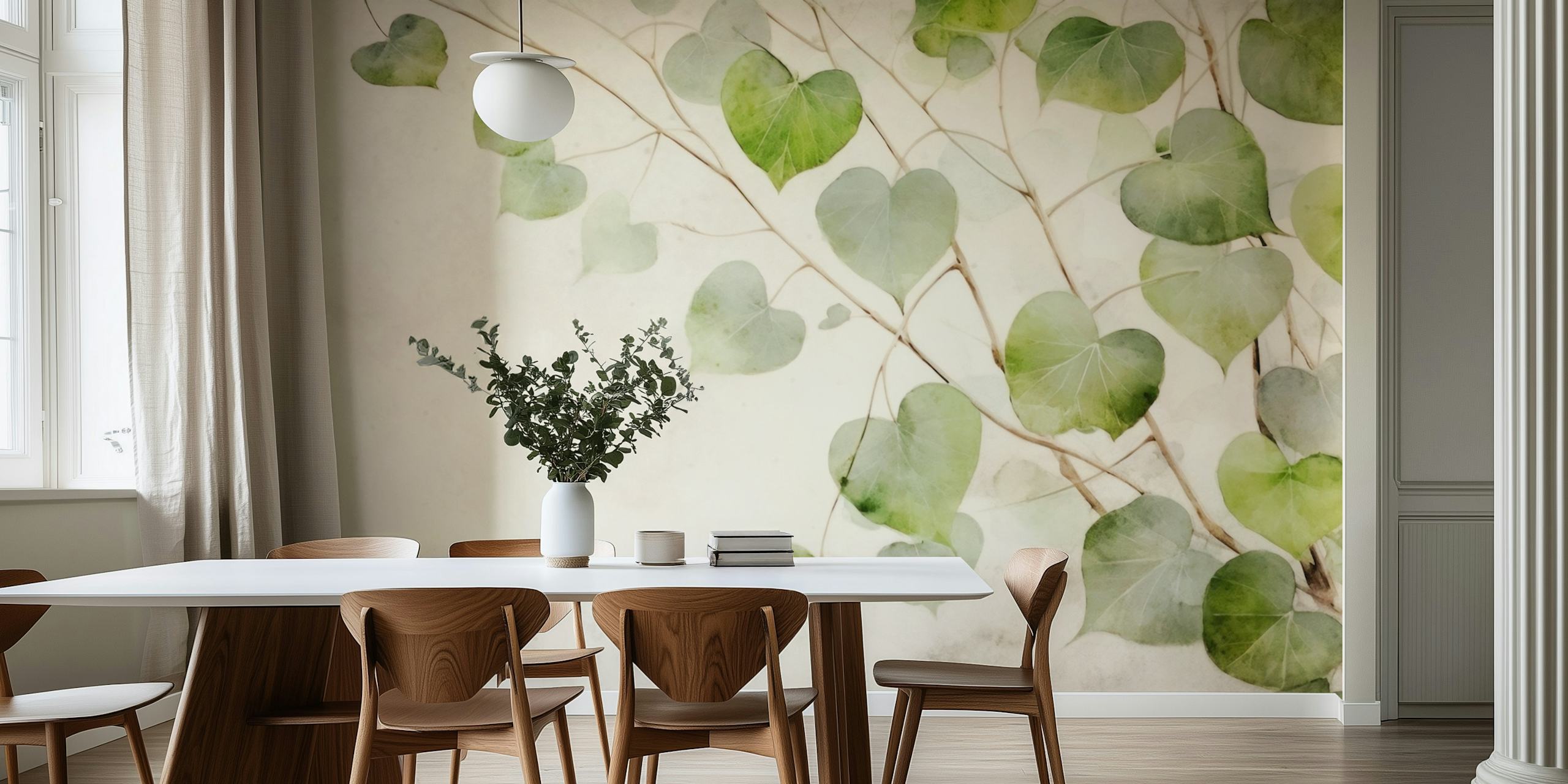 Botanical green leaves design on soft white background wallpaper