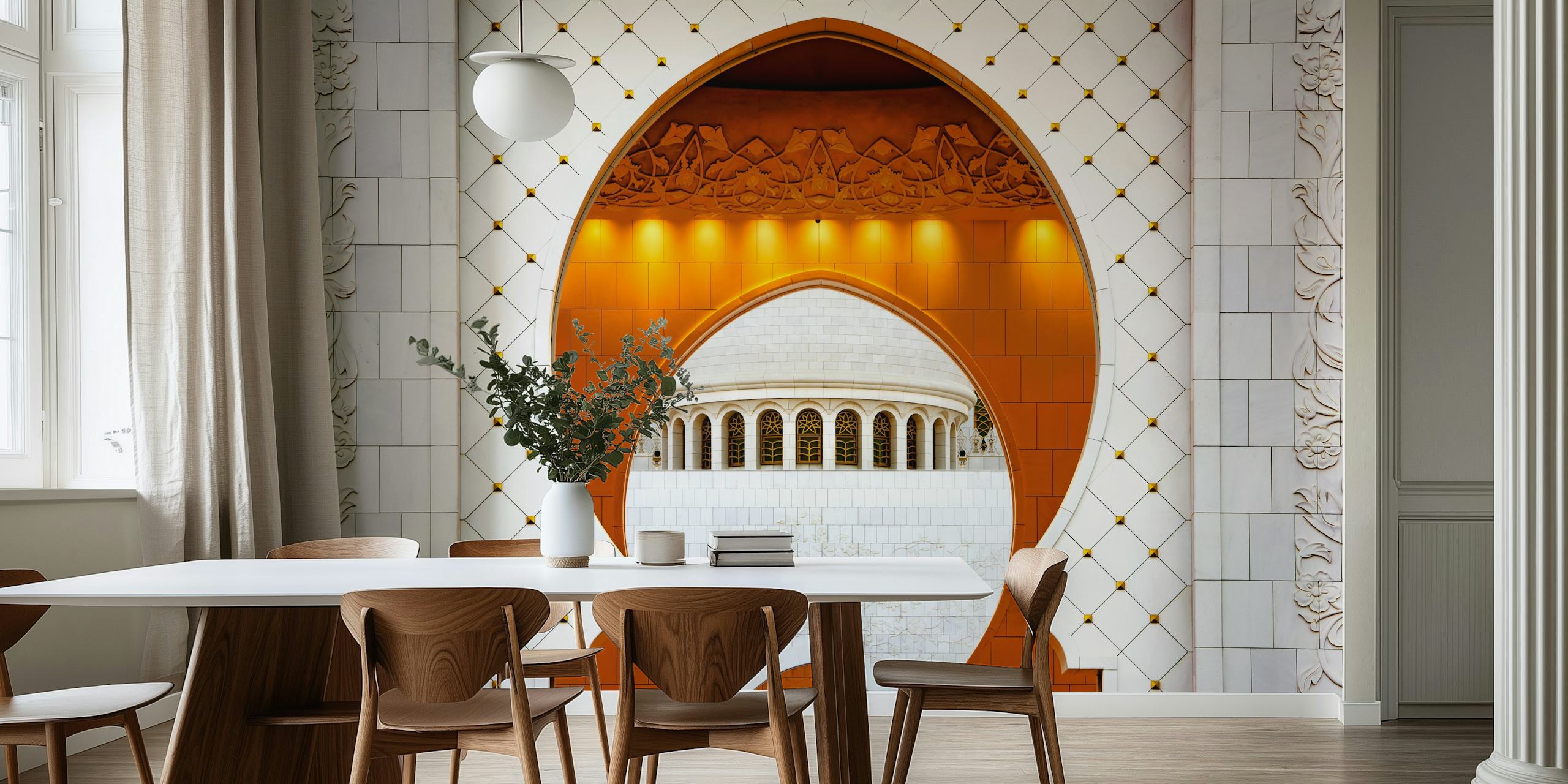 Geometric shapes in orange and white wallpaper