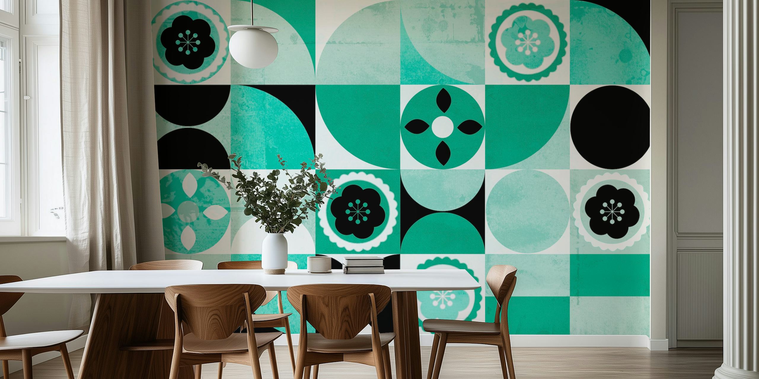Geometric mint green and black wallpaper with floral motifs