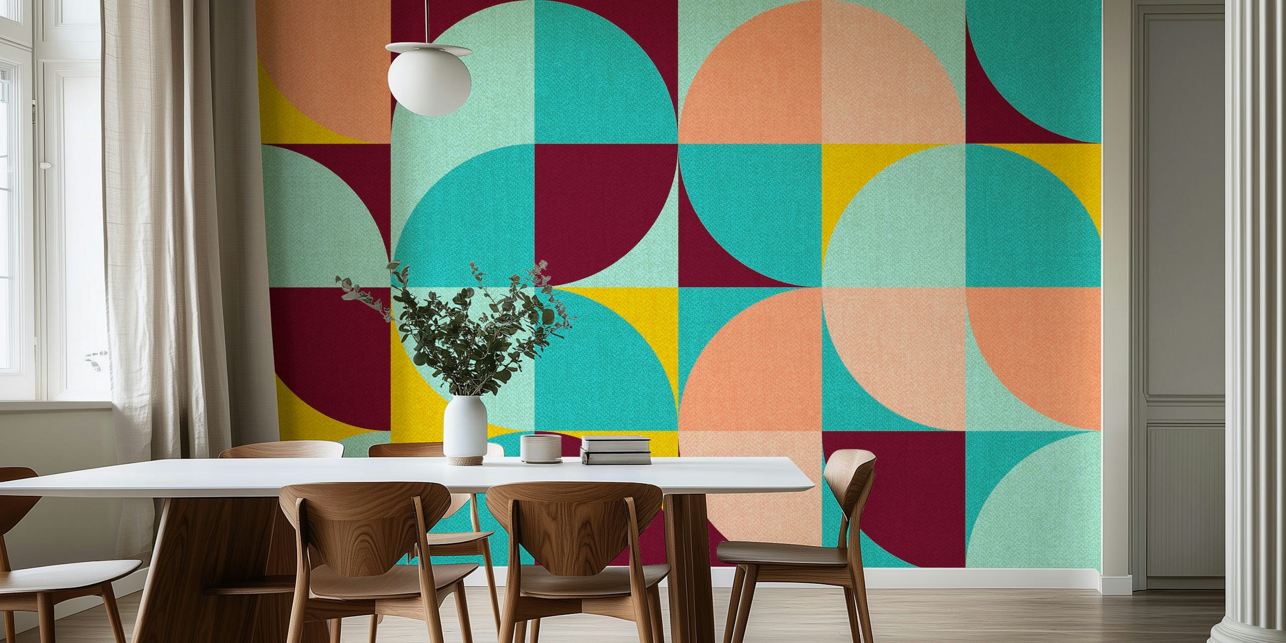 Colorful geometric patterns in pink, teal, yellow, and burgundy wallpaper